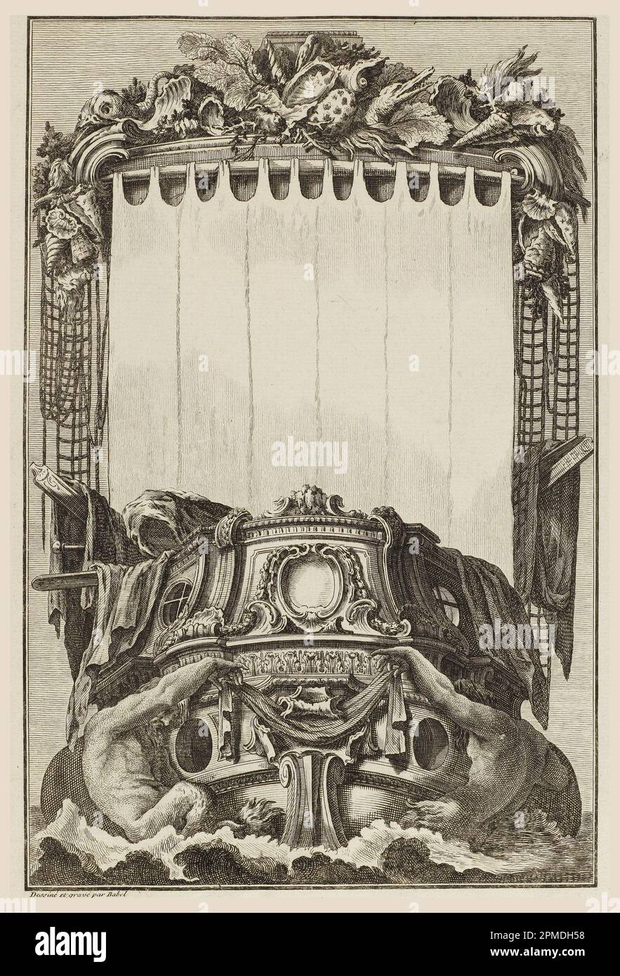 Imprimé, cartouche sur la proue d'un navire; conçu par Pierre Edme Babel (français, 1720–1775); publié par Jacques-Gabriel Huquier (français, 1730 - 1805); France; gravure sur papier blanc; image: 30,2 x 19,8 cm (11 7/8 x 7 13/16 po) Marq. Plateau : 33,4 x 22,1 cm (13 1/8 x 8 11/16 po.) Feuille : 45 x 29,5 cm (17 11/16 x 11 5/8 po) Banque D'Images