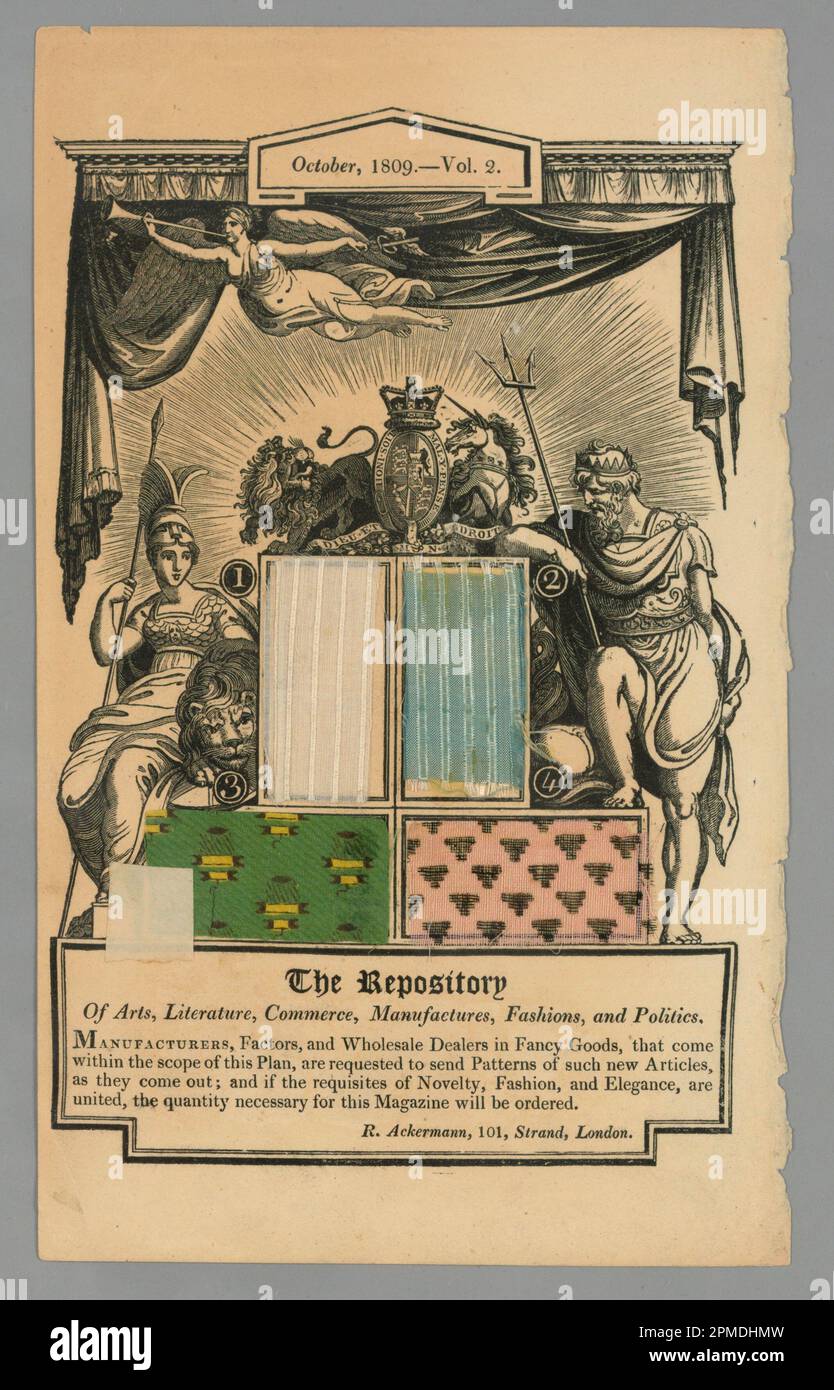 Page de la « Repository of the Arts, Science etc. » D'Ackermann (Angleterre); d.) les échantillons de papier et de textile (fibres non identifiées); 1995-50-275-d Banque D'Images