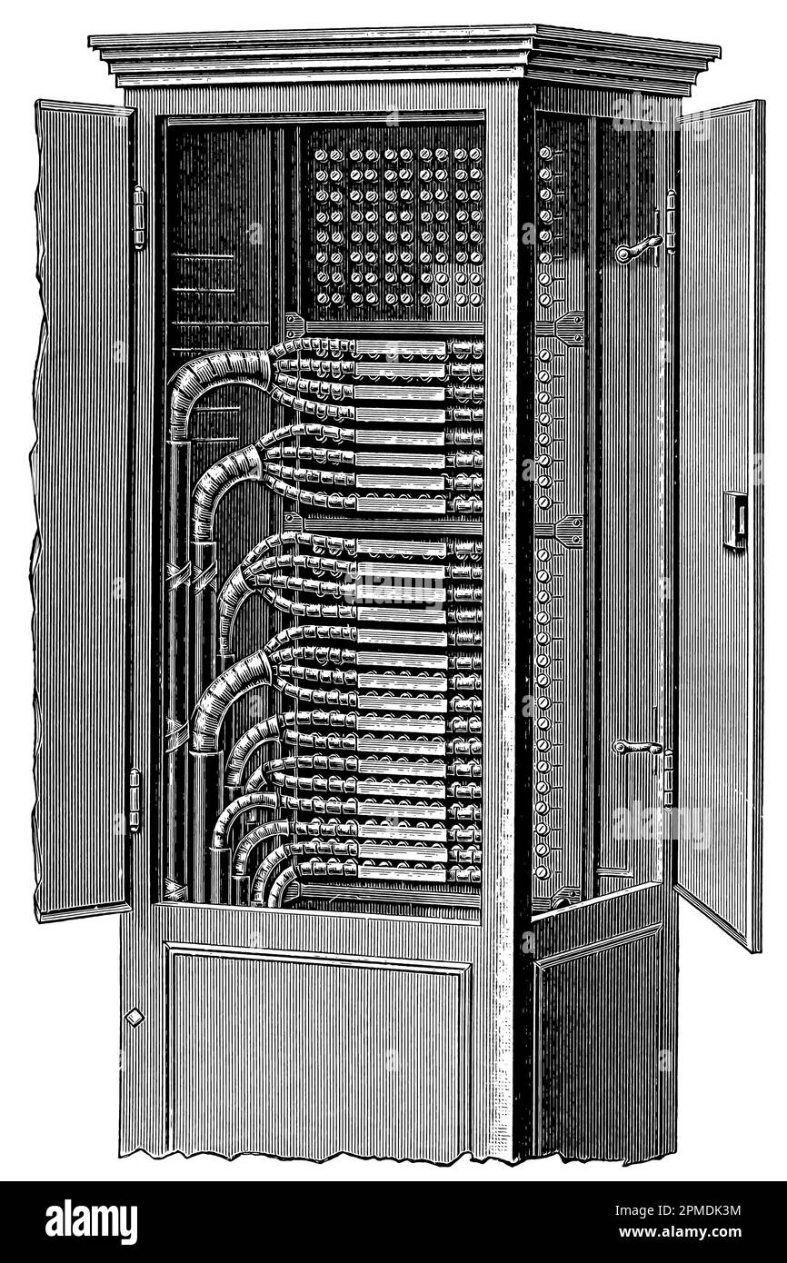 Distributeur principal pour câbles téléphoniques. Publication du livre 'Meyers Konversations-Lexikon', Volume 2, Leipzig, Allemagne, 1910 Banque D'Images