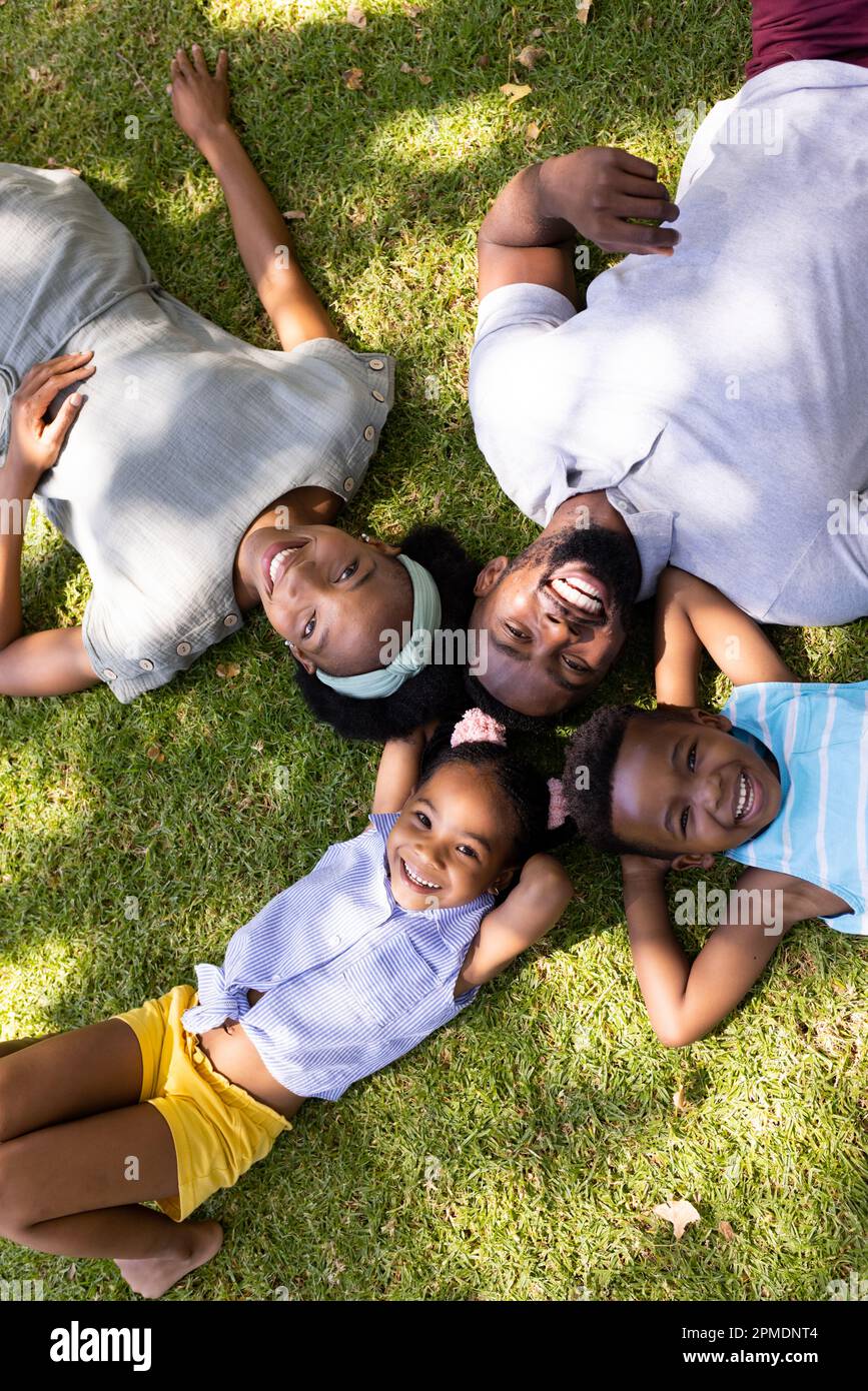 Vue panoramique sur les parents africains et les enfants heureux d'amérique qui se trouvent sur des terres herbeuses dans le parc Banque D'Images