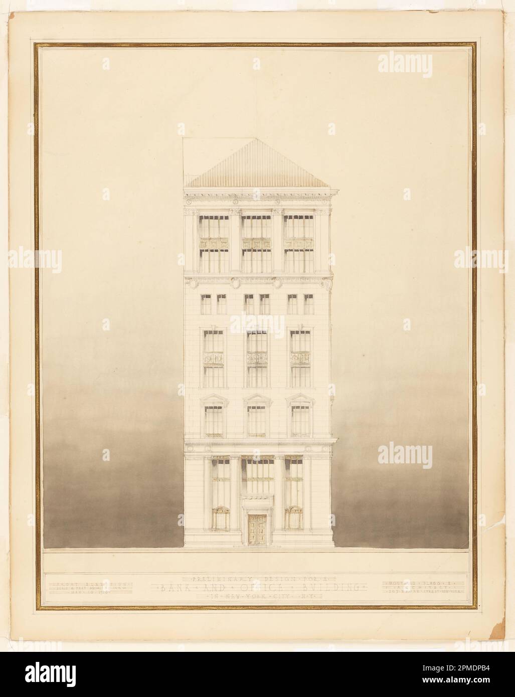 Dessin, conception préliminaire d'un bâtiment de banque et de bureau à New York City, New York, États-Unis; pinceau et aquarelle, stylo et encre noire sur carton, avec bordure en or métallique; 63,5 × 50 cm (25 × 19 11/16 po) Banque D'Images