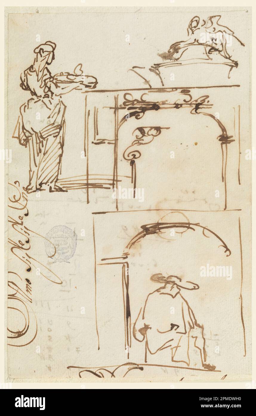 Dessin, un rouleau d'acanthus; Italie; stylo et encre, pinceau et bistre sur papier Banque D'Images