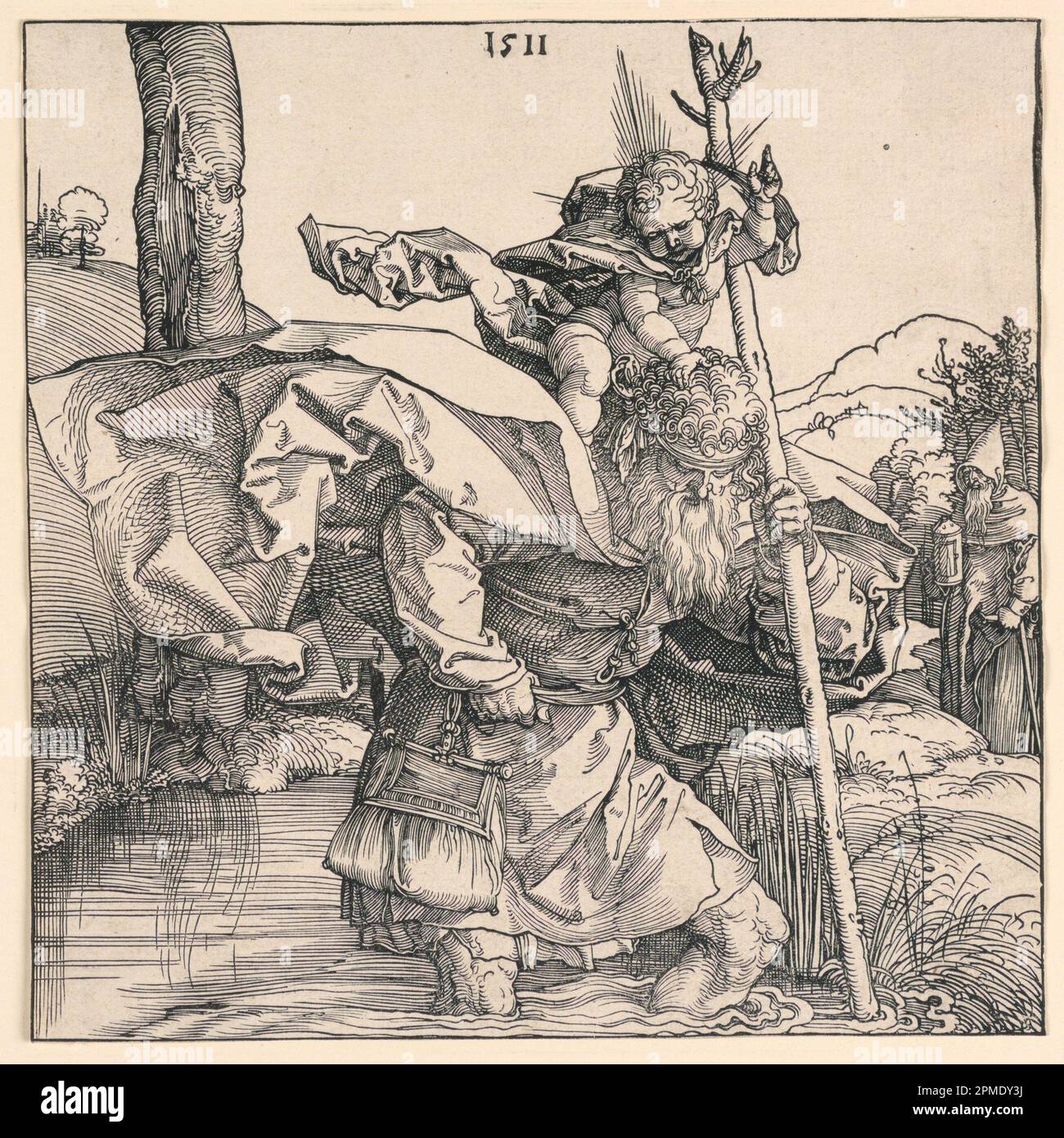 Print, Saint Christopher; Albrecht Dürer (allemand, 1471–1528); Allemagne; support de découpe du bois : papier blanc ; 21 x 21 cm (8 1/4 x 8 1/4 po.) Tapis : 45,7 x 35,6 cm (18 x 14 po) Banque D'Images