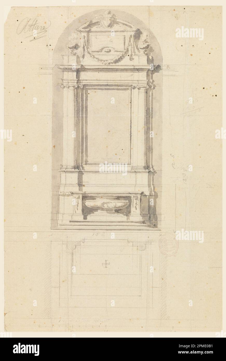 Dessin, dessin pour autel; conçu par Filippo Marchionni (italien, 1732–1805); Italie; graphite, pinceau et aquarelle grise sur papier crème; 25,8 x 17,5 cm (10 3/16 x 6 7/8 po) Tapis : 35,6 x 45,7 cm (14 x 18 po) Banque D'Images