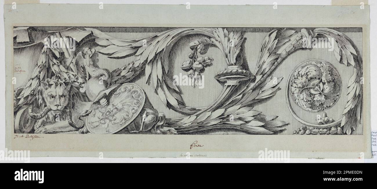 Dessin, Frieze avec Rinceau; Jean-Charles Delafosse (français, 1734-1791); France; stylo et encre noire, traces de craie noire sur papier blanc ; 14,5 x 46,8 cm (5 11/16 x 18 7/16 po.) Support : 20,6 x 49,1 tapis : 55,9 x 71,1 cm (22 x 28 po.) Banque D'Images