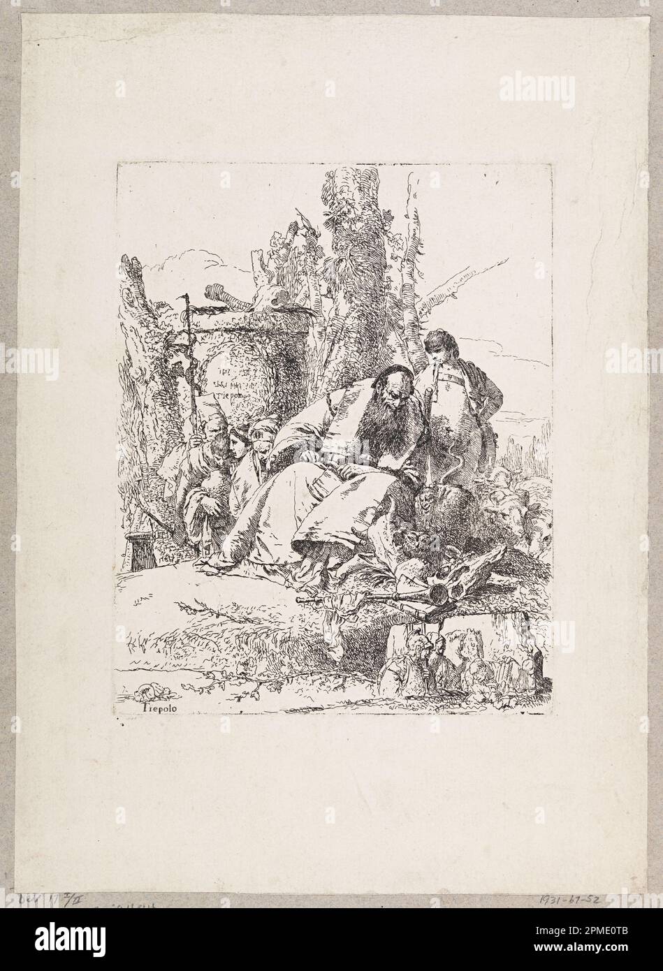 Imprimé, Magicien assis au sujet des crânes, plaque 5 du Scherzi di Fantasia; conçu par Giovanni Battista Tiepolo (italien, 1692 - 1770); Italie; gravure sur papier couchée; 22,4 x 18 cm (8 13/16 x 7 1/16 po); 1931-67-52 Banque D'Images