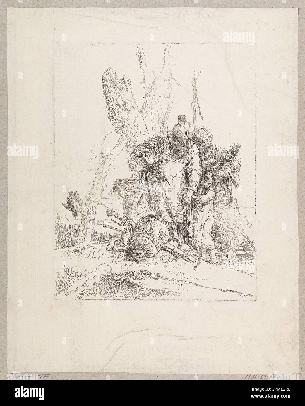 Imprimé, deux magiciens sur pied et un enfant, planche 13 du Scherzi di Fantasia; conçu par Giovanni Battista Tiepolo (italien, 1692 - 1770); Italie; gravure sur papier couchée; 22,3 x 17,7 cm (8 3/4 x 6 15/16 po); 1931-67-58 Banque D'Images