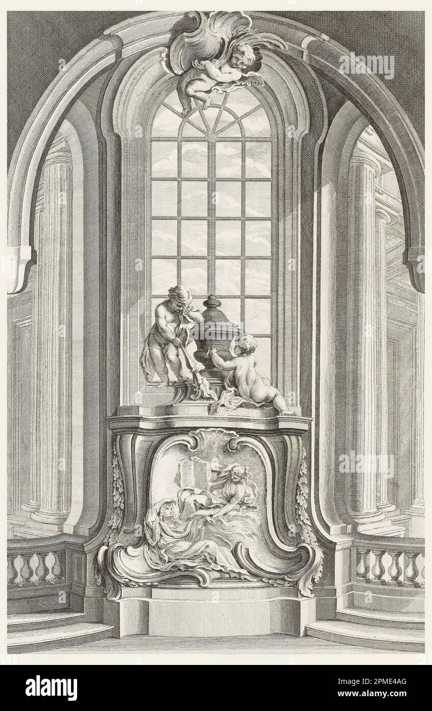 Print, projet d'un tombeau fait pour M. le Président de la * * * * * à Dijon en 1733 (conception d'une tombe pour le Président * * * * * * à Dijon en 1733), planche 99, dans les œuvres de juste-Aurèle Meissonnier (œuvres de juste-Aurèle Meissonnier); Conçu par juste-Aurèle Meissonnier (français, Italie, 1695–1750); gravé par John Ingram (britannique, 18th siècle); publié par Gabriel Huquier (français, 1695–1772); France; gravure sur papier blanc; 44,9 x 29,4 cm (17 11/16 x 11 9/16 po) Banque D'Images