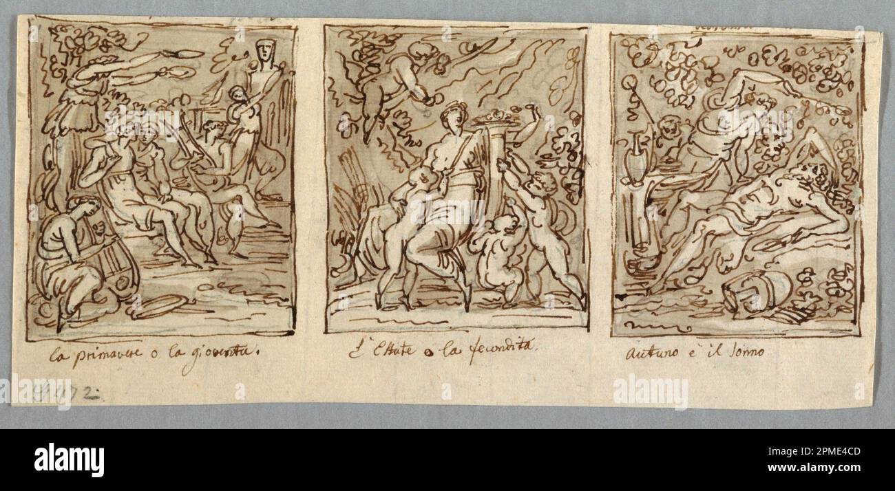 Dessin, printemps, été, automne.; conçu par Felice Giani (italien, 1758–1823); Italie; stylo et encre brune, pinceau et lavage brun sur des traces de graphite sur du papier coulé crème; 11,3 x 25 cm (4 7/16 x 9 13/16 po.) Banque D'Images