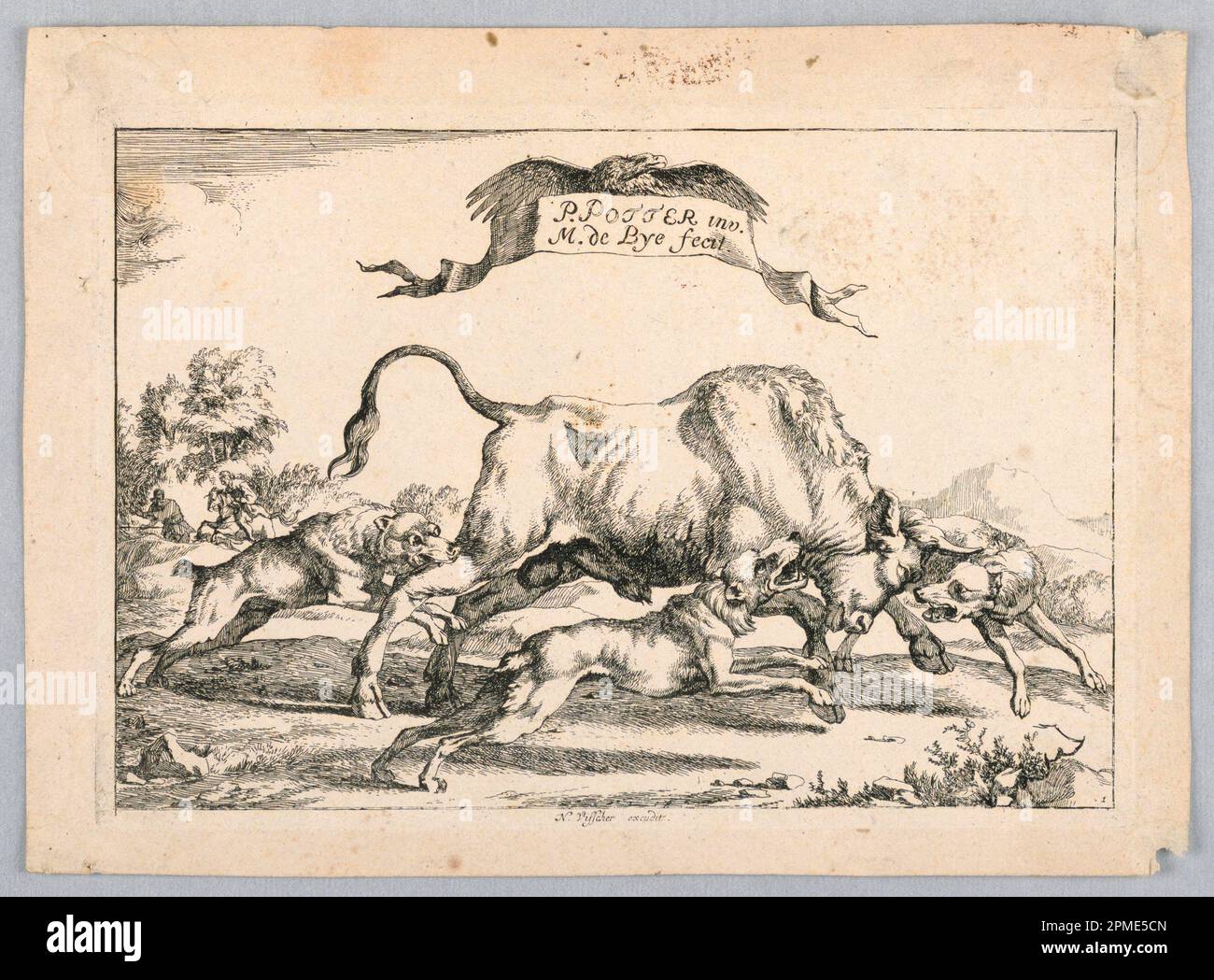 Impression, scène Bull Hunt ; Imprimeur : Marcus de Bye (1639 – 1690) ; gravure sur papier Banque D'Images