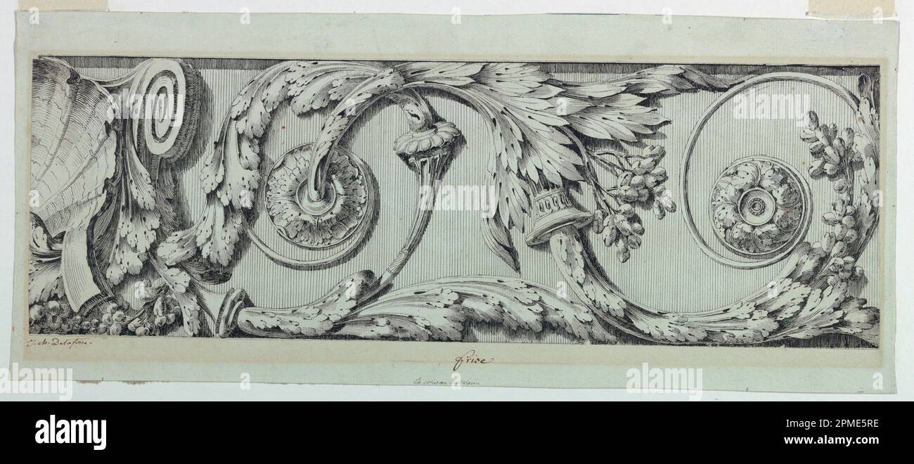 Dessin, Frieze avec Rinceau; Jean-Charles Delafosse (français, 1734-1791); France; stylo et encre noire, traces de craie noire sur papier blanc ; 15,7 x 47 cm (6 3/16 x 18 1/2 po.) Support : 20,6 x 49,1 tapis : 55,9 x 71,1 cm (22 x 28 po.) Banque D'Images