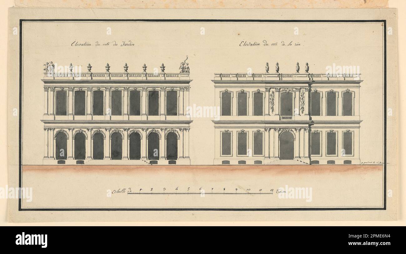 Dessin, jardin et élévations de rue d'un petit Palais; France; stylo et encre, pinceau et aquarelle sur papier; 24,1 × 43,8 cm (9 1/2 × 17 1/4 po) Banque D'Images