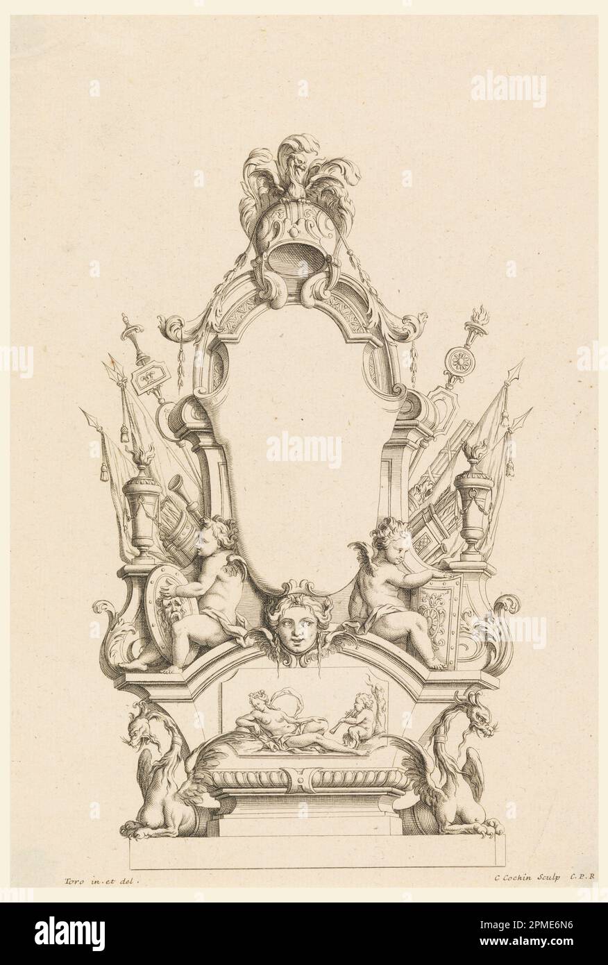 Imprimé, Design pour Cartouche, de 'cartouts nouvel investissement'; conçu par Jean Bernard Honoré Toro (français, 1661 - 1731); gravé par Charles Nicolas Cochin le jeune (1715 - 1790); France; gravure sur papier; 29 x 19,7 cm (11 7/16 x 7 3/4 po) Banque D'Images Imprimé, Design pour Cartouche, de 'cartouts nouvel investissement'; conçu par Jean Bernard Honoré Toro (français, 1661 - 1731); gravé par Charles Nicolas Cochin le jeune (1715 - 1790); France; gravure sur papier; 29 x 19,7 cm (11 7/16 x 7 3/4 po) Banque D'Images