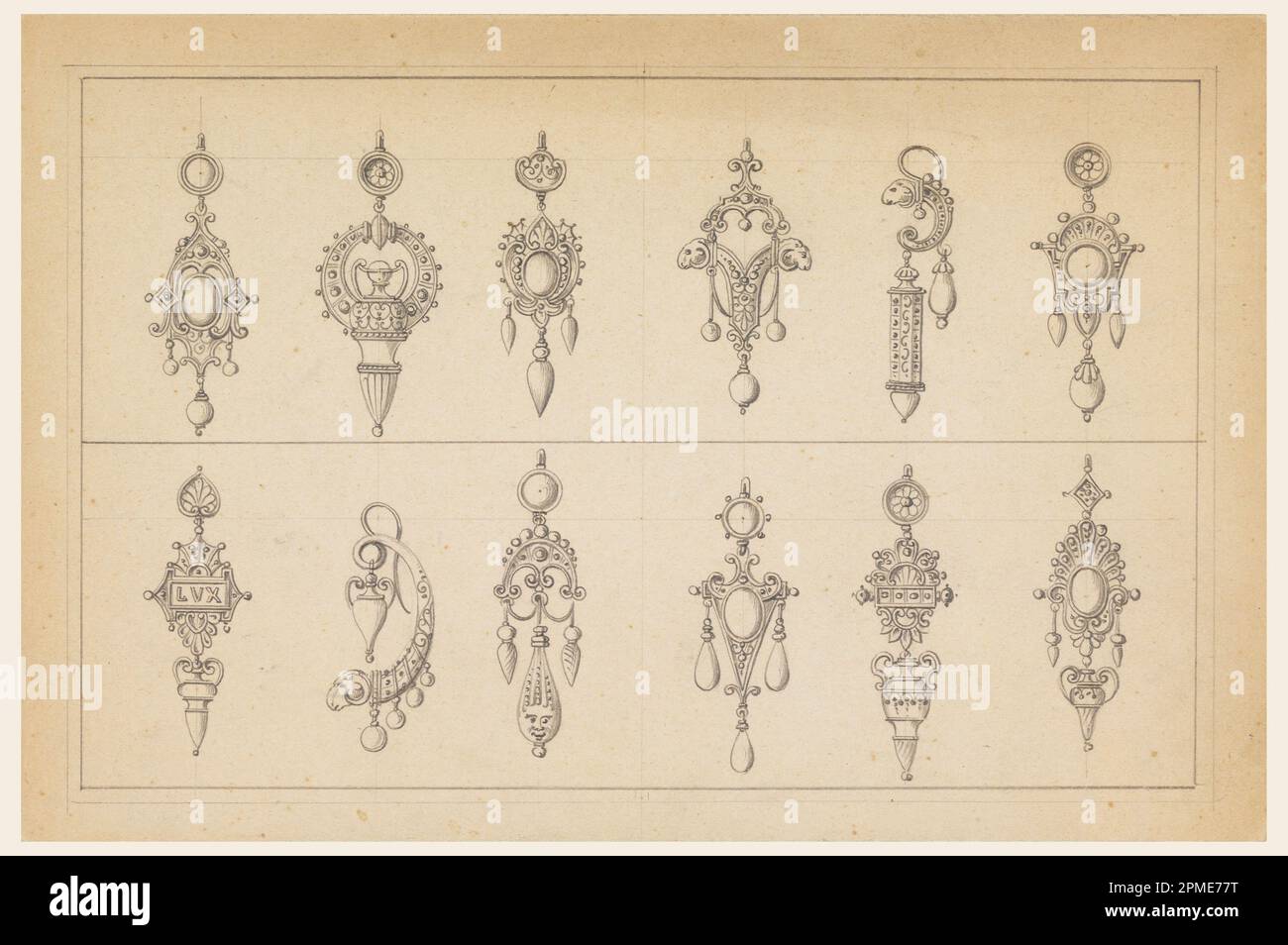 Dessin, dessins pour douze boucles d'oreilles; conçu par Salvatori (italien, actif 19th siècle); Italie; graphite sur carton; 16,5 x 24,8 cm (6 1/2 x 9 3/4 po.) Banque D'Images