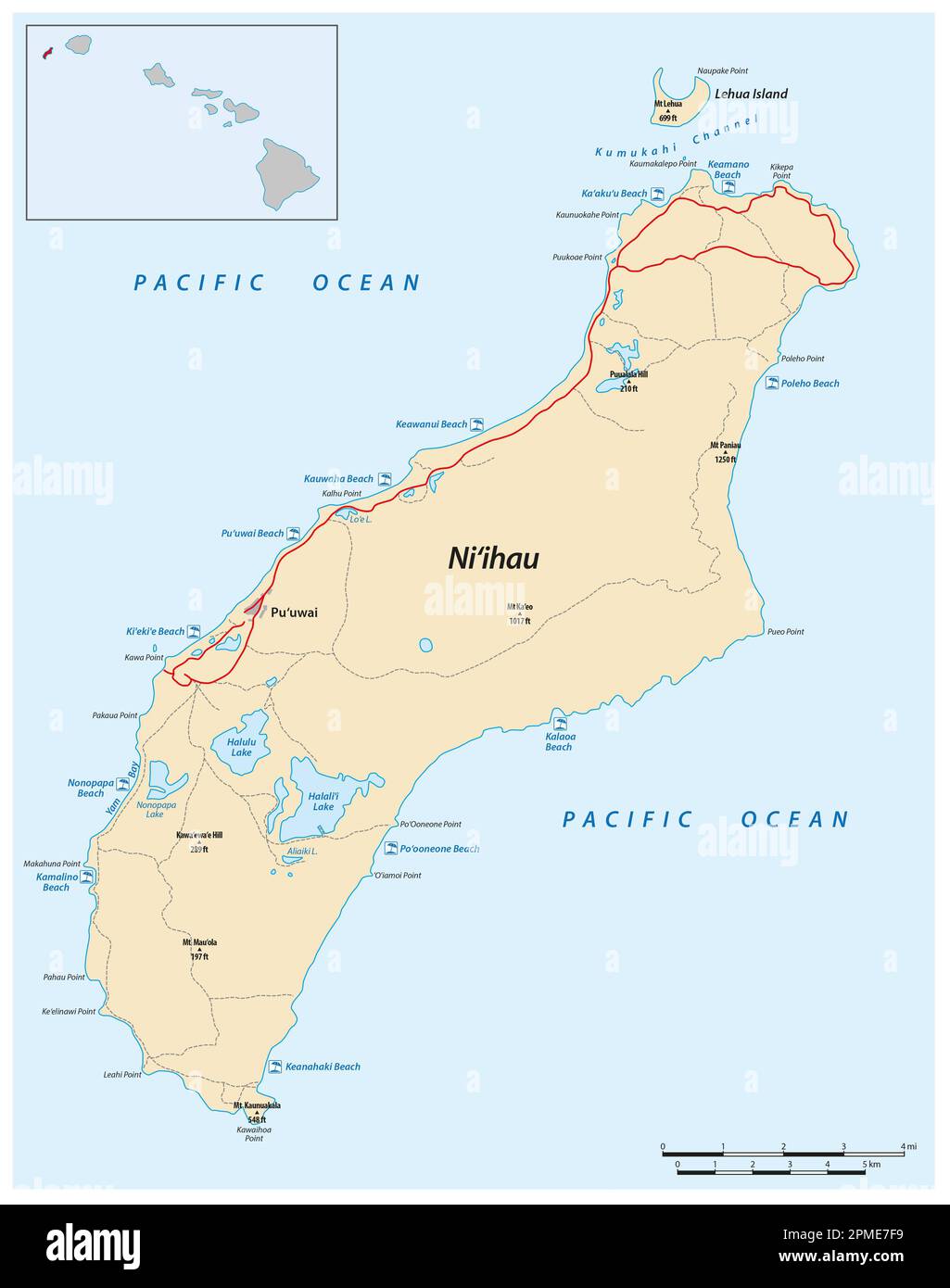 Carte de l'île interdite de Niihau dans l'archipel hawaïen Banque D'Images