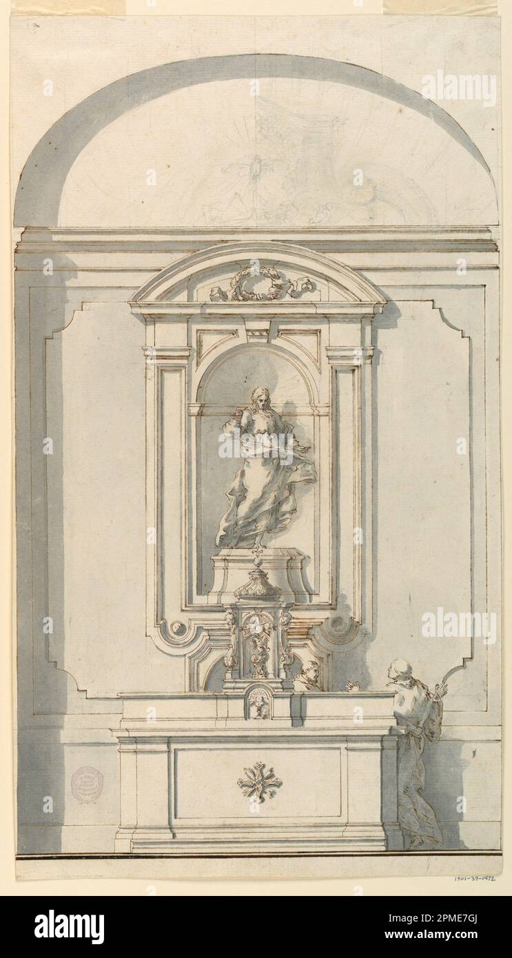 Dessin, autel avec Tabernacle et deux prêtres en conversation; Filippo Marchionni (italien, 1732–1805); Italie; stylo et encre brune, pinceau et savon gris, graphite sur papier blanc; 42,6 x 24,2 cm (16 3/4 x 9 1/2 po.), tapis irrégulier: 55,9 x 40,6 cm (22 x 16 po.) Banque D'Images