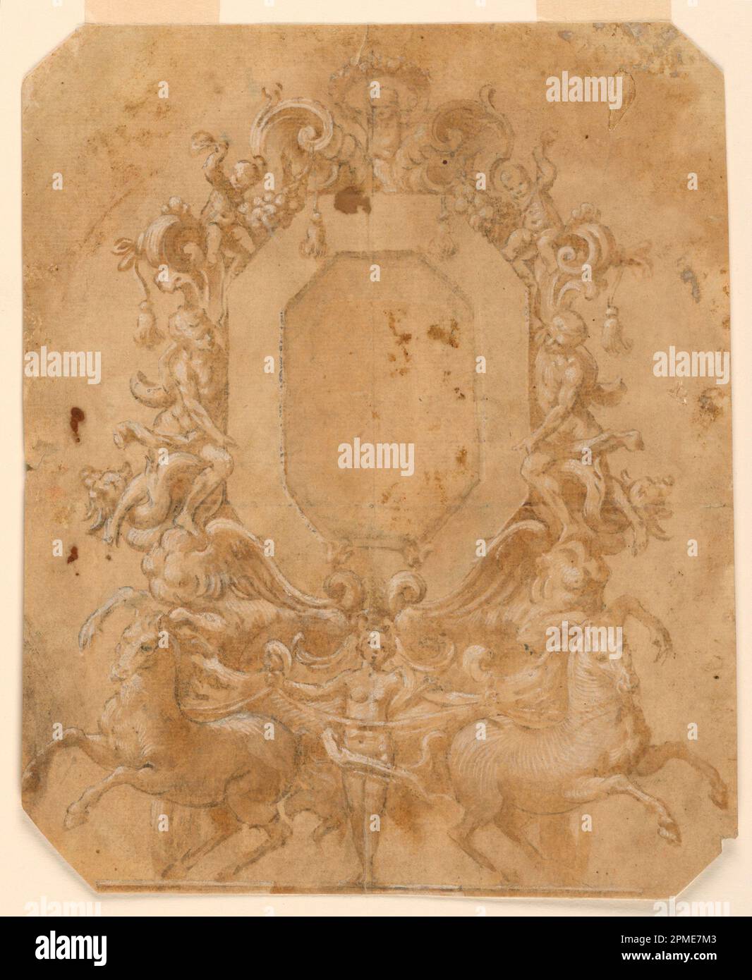 Dessin, panneau octogonal décoratif; Italie; lavage au pinceau et au brun, craie noire, rehaussé avec support blanc opaque: Papier coulé teinté; 26 x 21,4 cm (10 1/4 x 8 7/16 po) Tapis : 35,6 x 45,7 cm (14 x 18 po) Banque D'Images