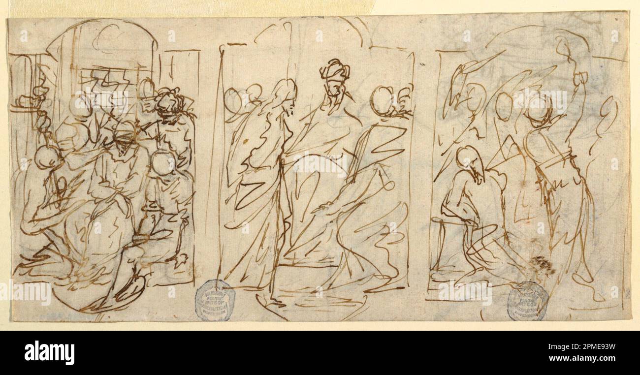 Dessin, trois étapes de la passion: La moquerie, Christ avant Pilate, flagellation; Francesco Coghetti (italien, 1804 - 1875); Italie ; stylo et encre marron sur papier ; 24,8 x 12,4 cm (9 3/4 x 4 7/8 po.) Banque D'Images