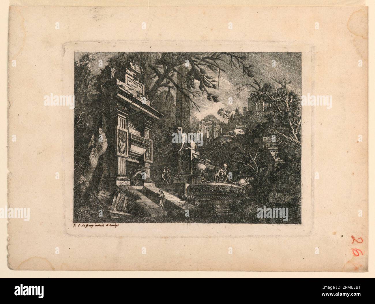 Print, architectural Fantasy avec Tombeau et ruines, plate de 'Rovine Inventione de Giovan. Loren, Legeay Architeet. Intagliate da lui stesso in Luce 1768'; architecte: Jean-Laurent Legeay (français, ca. 1710–86) ; France ; gravure ; marquage sur plaque : 16 x 20,5 cm (6 5/16 x 8 1/16 po.) Hors tout : 22 x 30 cm (8 11/16 x 11 13/16 po) Banque D'Images