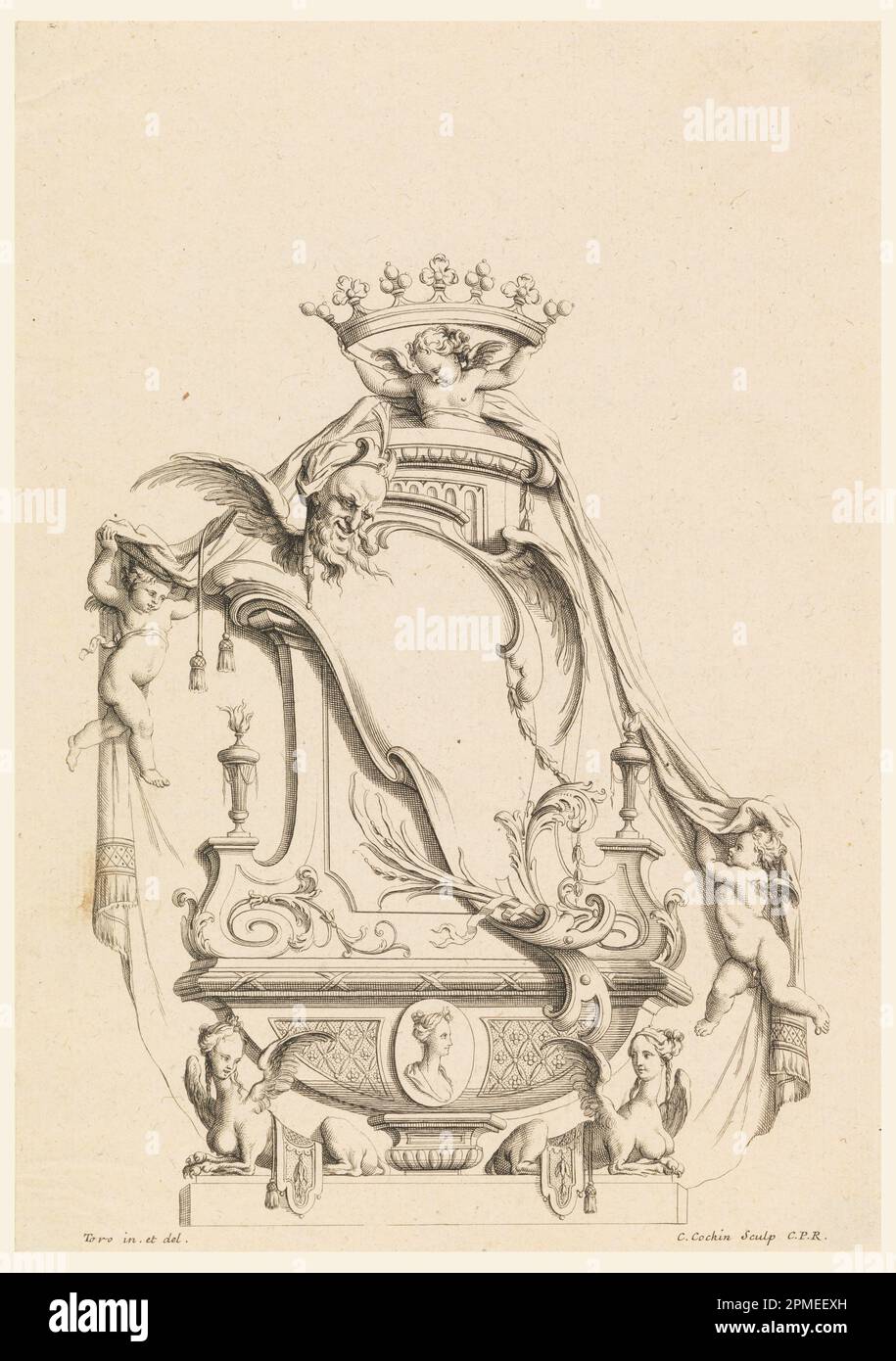 Imprimé, dessin pour la cartouche de 'cartouilles nouvelles Inventez'; conçu par Jean Bernard Honoré Toro (français, 1661 - 1731); gravé par Charles Nicolas Cochin le jeune (1715 - 1790); France; gravure sur papier; 28,2 x 19,9 cm (11 1/8 x 7 13/16 po) Banque D'Images Imprimé, dessin pour la cartouche de 'cartouilles nouvelles Inventez'; conçu par Jean Bernard Honoré Toro (français, 1661 - 1731); gravé par Charles Nicolas Cochin le jeune (1715 - 1790); France; gravure sur papier; 28,2 x 19,9 cm (11 1/8 x 7 13/16 po) Banque D'Images