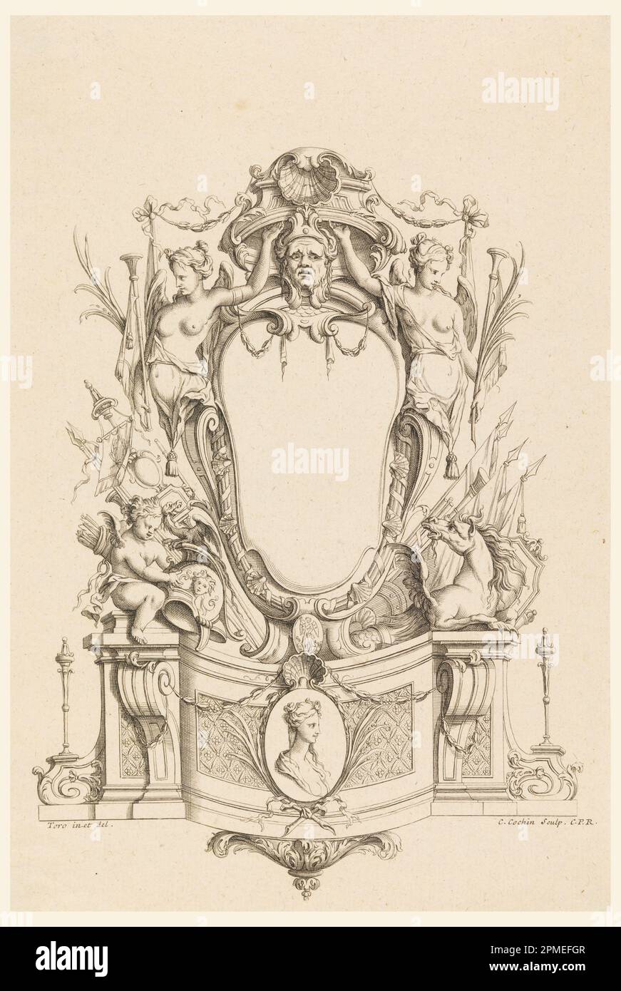 Imprimé, dessin pour la cartouche de 'cartouilles nouvelles Inventez'; conçu par Jean Bernard Honoré Toro (français, 1661 - 1731); gravé par Charles Nicolas Cochin le jeune (1715 - 1790); France; gravure sur papier; 29,4 x 20 cm (11 9/16 x 7 7/8 po) Banque D'Images Imprimé, dessin pour la cartouche de 'cartouilles nouvelles Inventez'; conçu par Jean Bernard Honoré Toro (français, 1661 - 1731); gravé par Charles Nicolas Cochin le jeune (1715 - 1790); France; gravure sur papier; 29,4 x 20 cm (11 9/16 x 7 7/8 po) Banque D'Images