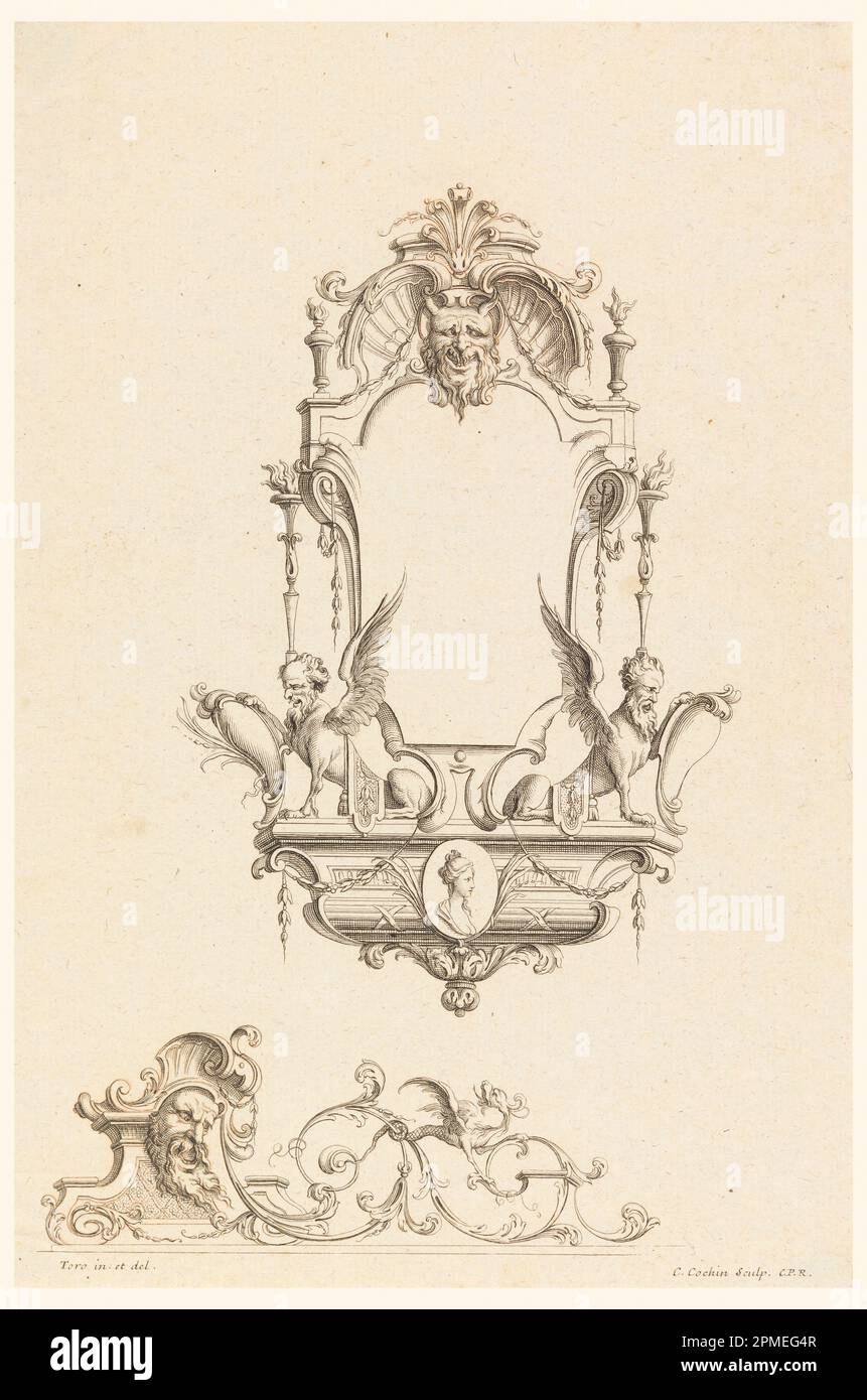 Imprimé, dessin pour la cartouche avec Cupidon, un cheval et des lances de 'cartouts Nouvellement Inventez'; conçu par Jean Bernard Honoré Toro (français, 1661 - 1731); gravé par Charles Nicolas Cochin le jeune (1715 - 1790); France; gravure sur papier; 29,8 x 19,9 cm (11 3/4 x 7 13/16 po) Banque D'Images Imprimé, dessin pour la cartouche avec Cupidon, un cheval et des lances de 'cartouts Nouvellement Inventez'; conçu par Jean Bernard Honoré Toro (français, 1661 - 1731); gravé par Charles Nicolas Cochin le jeune (1715 - 1790); France; gravure sur papier; 29,8 x 19,9 cm (11 3/4 x 7 13/16 po) Banque D'Images