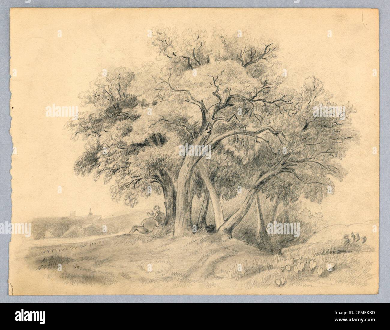 Dessin, Paysage (feuille d'un carnet d'esquisses); Martha S. Day; rectangle horizontal. deux hommes sont assis sous un groupe d'arbres. les piles de foin se trouvent à gauche. Banque D'Images