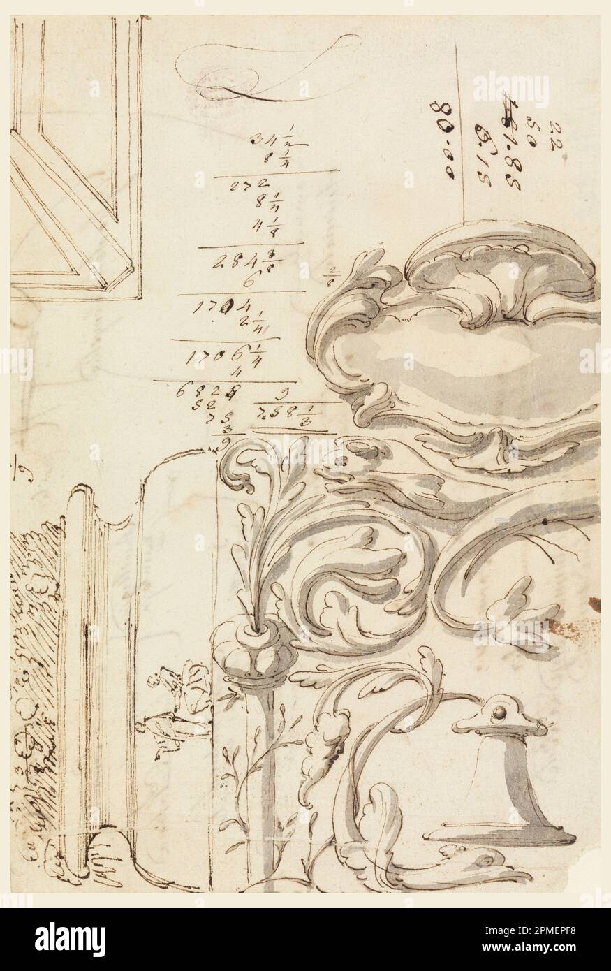 Dessin, esquisses; Filippo Marchionni (italien, 1732–1805); Italie; stylo et encre, pinceau et aquarelle grise sur papier ; 19,7 x 13,3 cm (7 3/4 x 5 1/4 po.) Banque D'Images