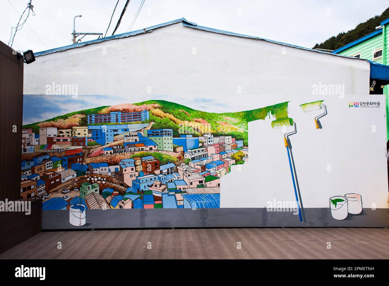Art peinture dessin vue paysage paysage urbain de Gamcheon Culture Village ou Santorini de Pusan ville sur le mur pour les coréens voyageurs étrangers trave Banque D'Images