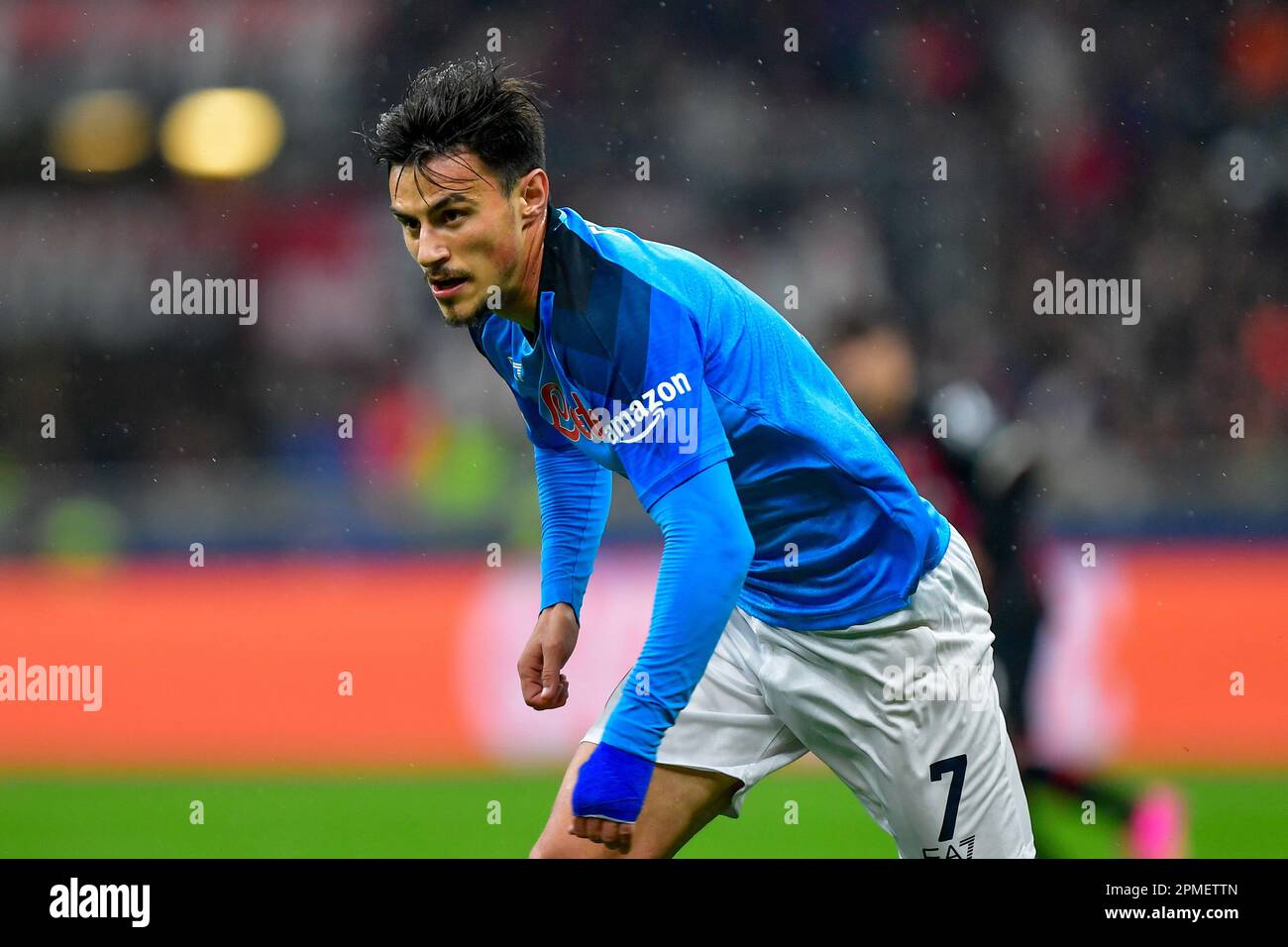 Milan, Italie. 12th avril 2023. Eljif Elmas (7) de Napoli vu lors de la finale du quart de la Ligue des champions de l'UEFA entre l'AC Milan et Napoli à San Siro à Milan. (Crédit photo : Gonzales photo/Alamy Live News Banque D'Images