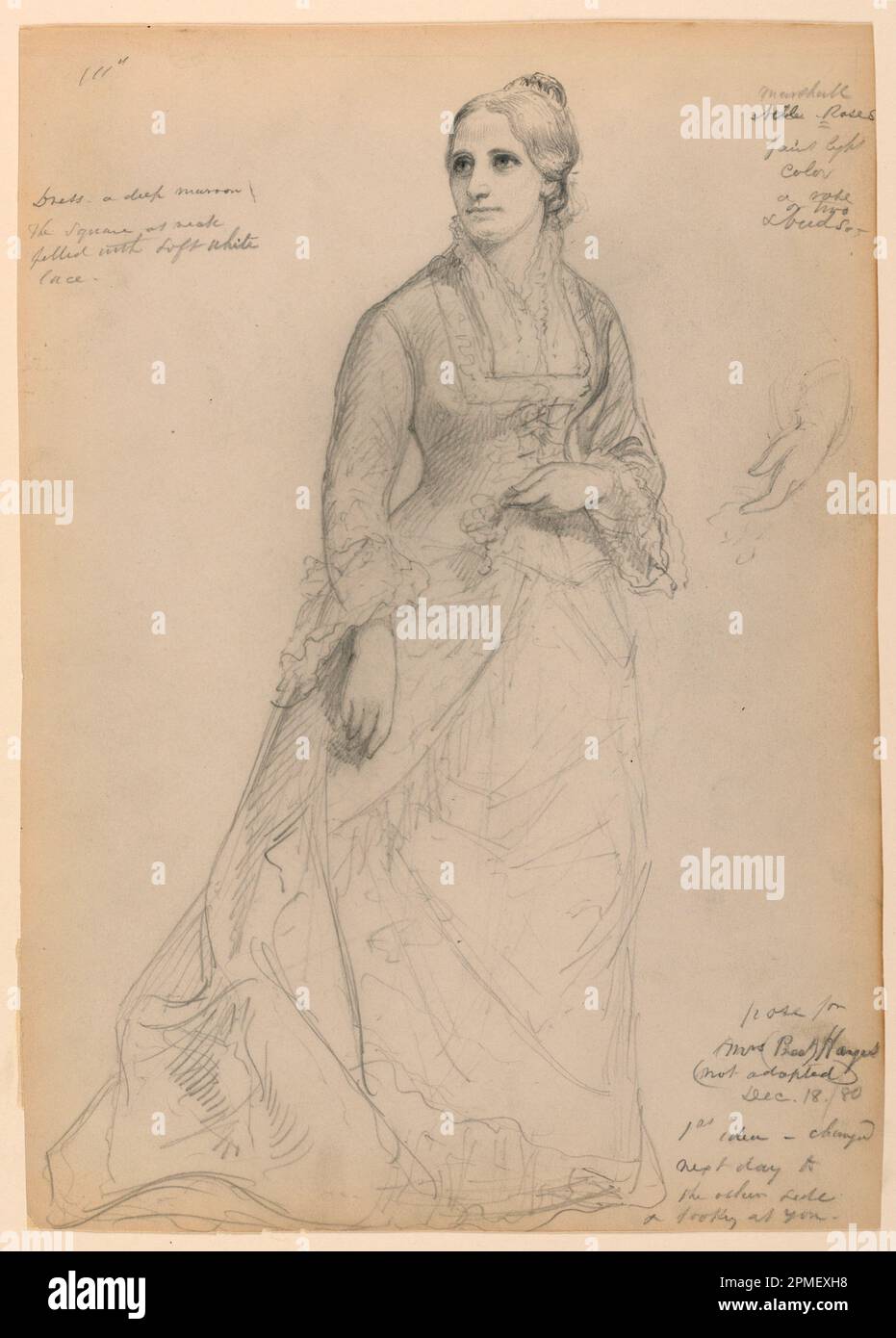 Dessin, Mme Rutherford B. Hayes debout, avec étude séparée de la main gauche; Daniel Huntington (américain, 1816–1906); Sitter: Mme Rutherford B. Hayes; États-Unis; graphite sur papier vélin blanc cassé; 35,5 x 25,5 cm (14 x 10 1/16 po); Bequest d'Erskine Hewitt; 1938-57-1053 Banque D'Images