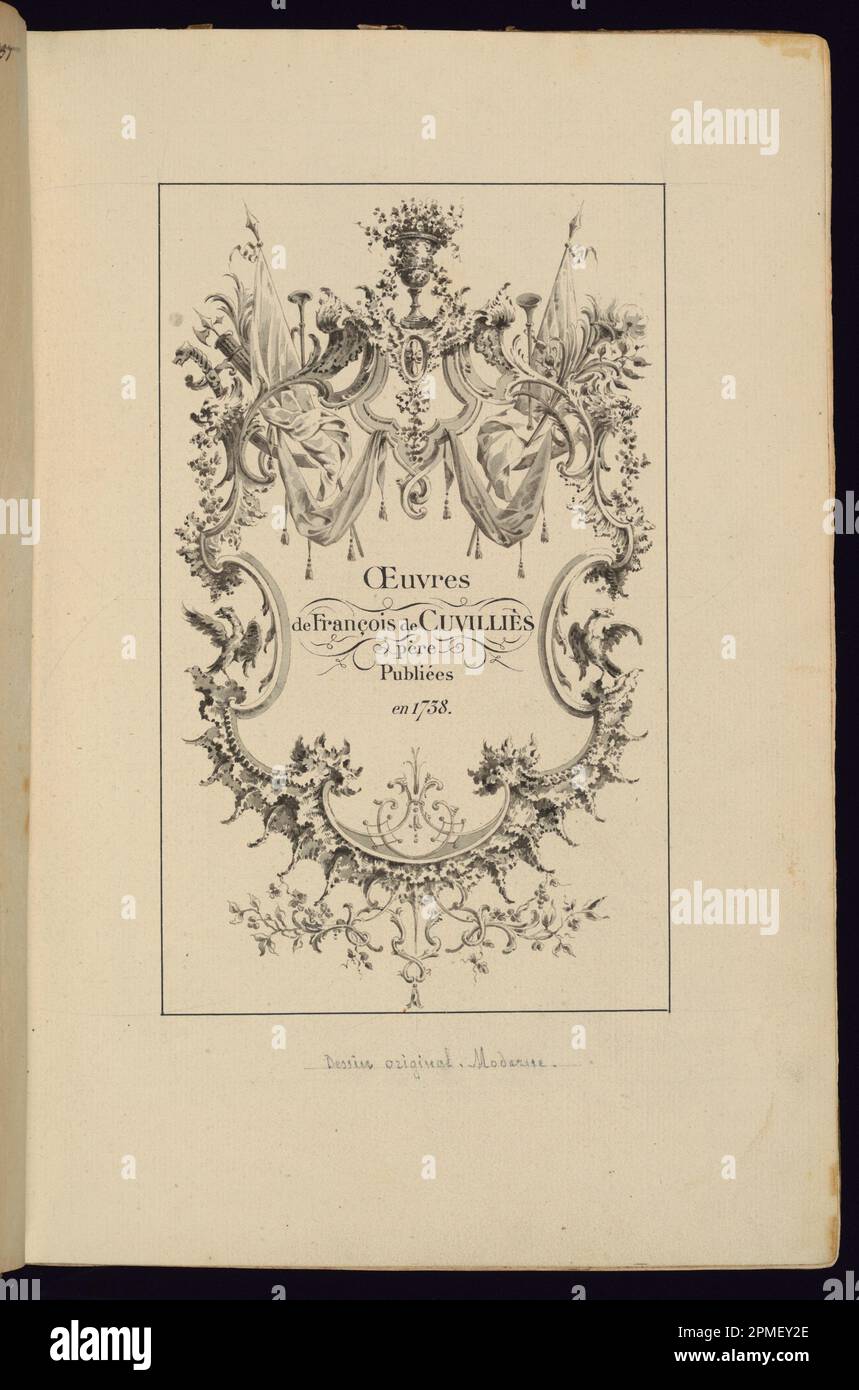 Dessin, page titre; conçu par François de Cuvilliés The Elder (belge, active Allemagne, 1695 - 1768); Allemagne; stylo et encre, brossez et lavez sur du papier ; 34,4 x 22,4 cm (13 9/16 x 8 13/16 po.) Banque D'Images