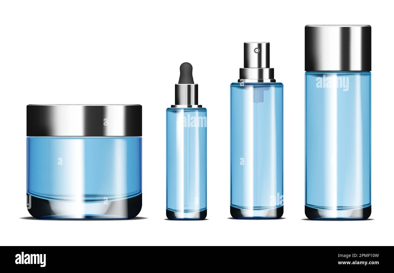 Flacons cosmétiques en verre bleu transparent isolés sur fond blanc, kit de maquettes vectorielles. Emballage pour cosmétiques pour le visage, maquette Illustration de Vecteur