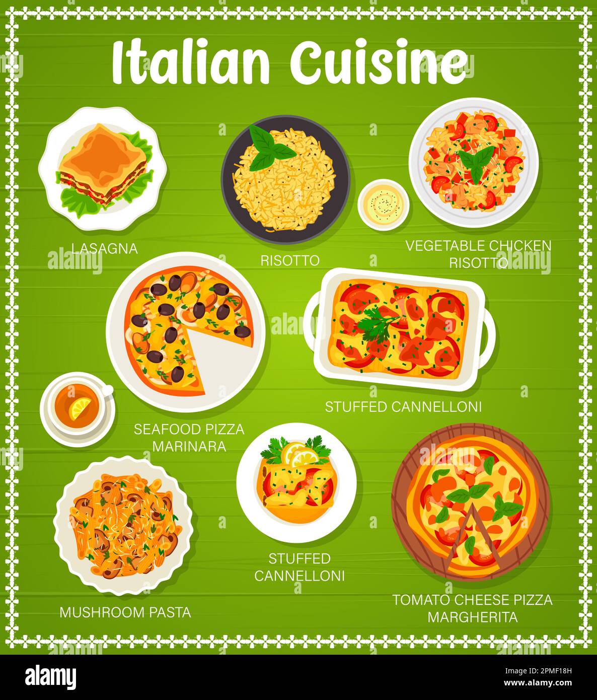 Menu de cuisine italienne, repas et plats du restaurant, Vector. Cuisine italienne cuisine gastronomique pâtes, lasagnes, pizza et risotto au poulet, mus Illustration de Vecteur