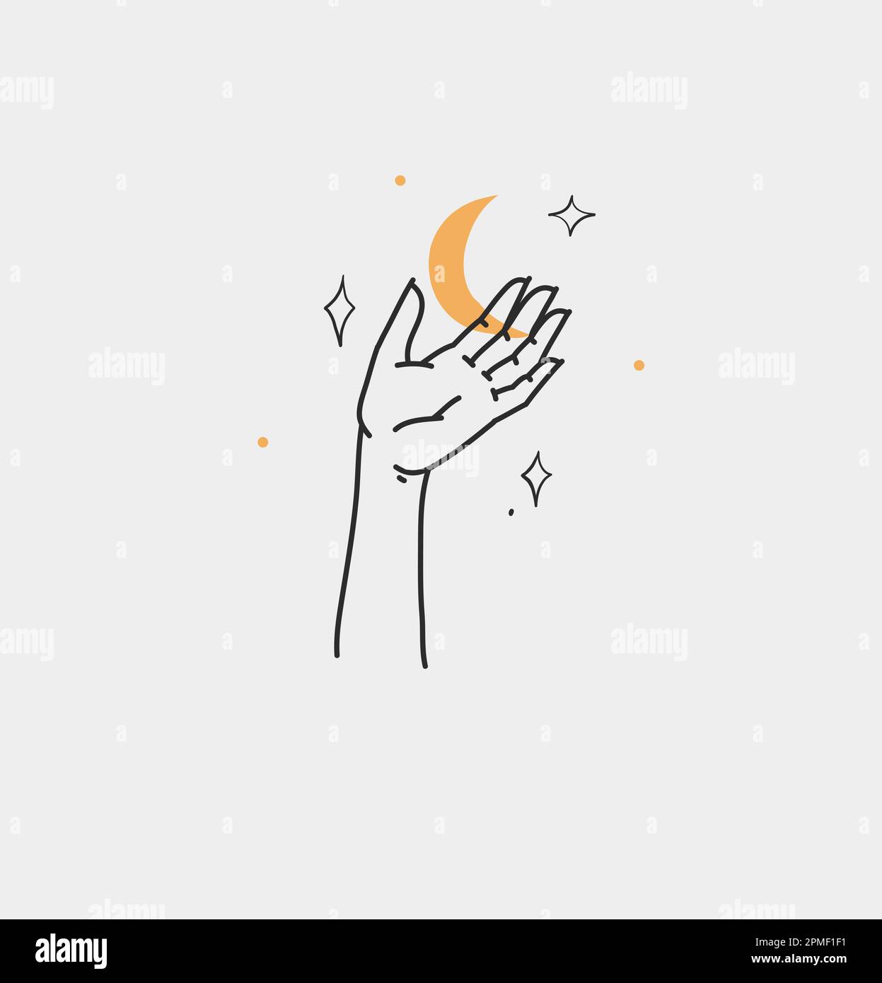 Dessin à la main vecteur résumé contour, graphique, art de ligne magie main humaine avec la lune et le logo d'étoile dans le style minimaliste moderne.Lune et le contour de signe d'étoile Illustration de Vecteur
