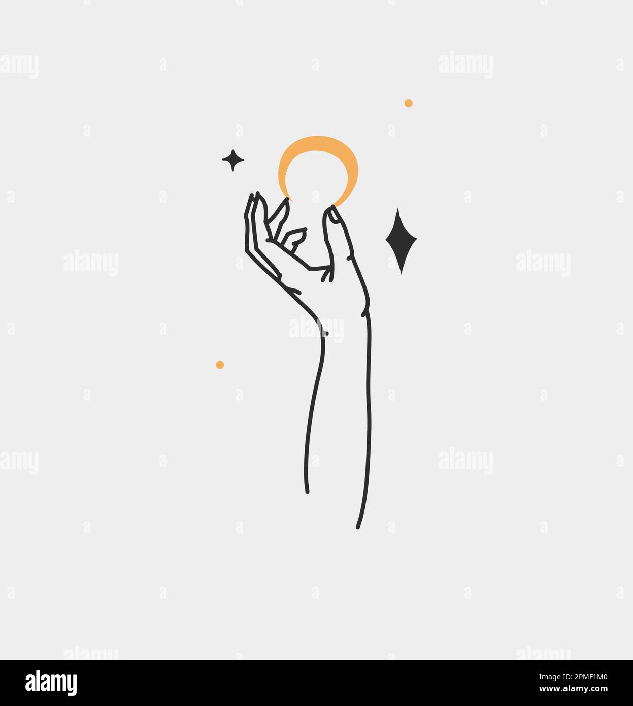 Dessin à la main vecteur résumé contour, graphique, art de ligne magie main humaine avec la lune et le logo d'étoile dans le style minimaliste moderne.Lune et le contour de signe d'étoile Illustration de Vecteur