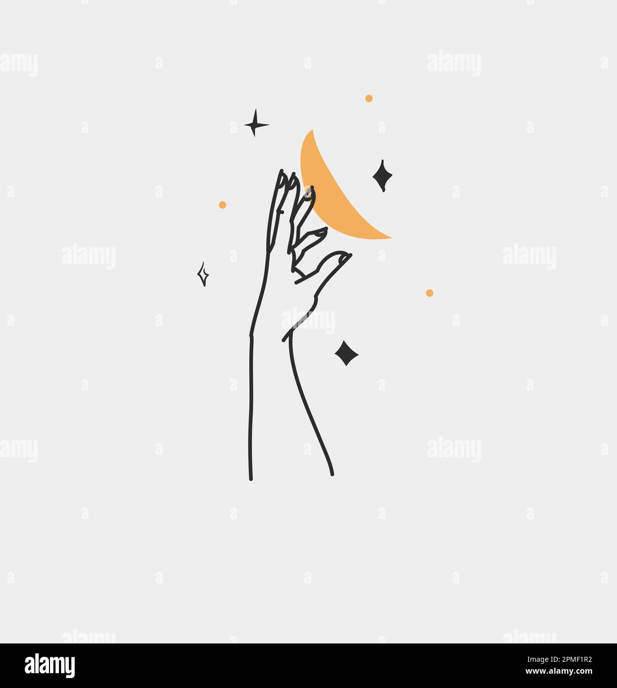 Dessin à la main vecteur résumé contour, graphique, art de ligne magie main humaine avec la lune et le logo d'étoile dans le style minimaliste moderne.Lune et le contour de signe d'étoile Illustration de Vecteur
