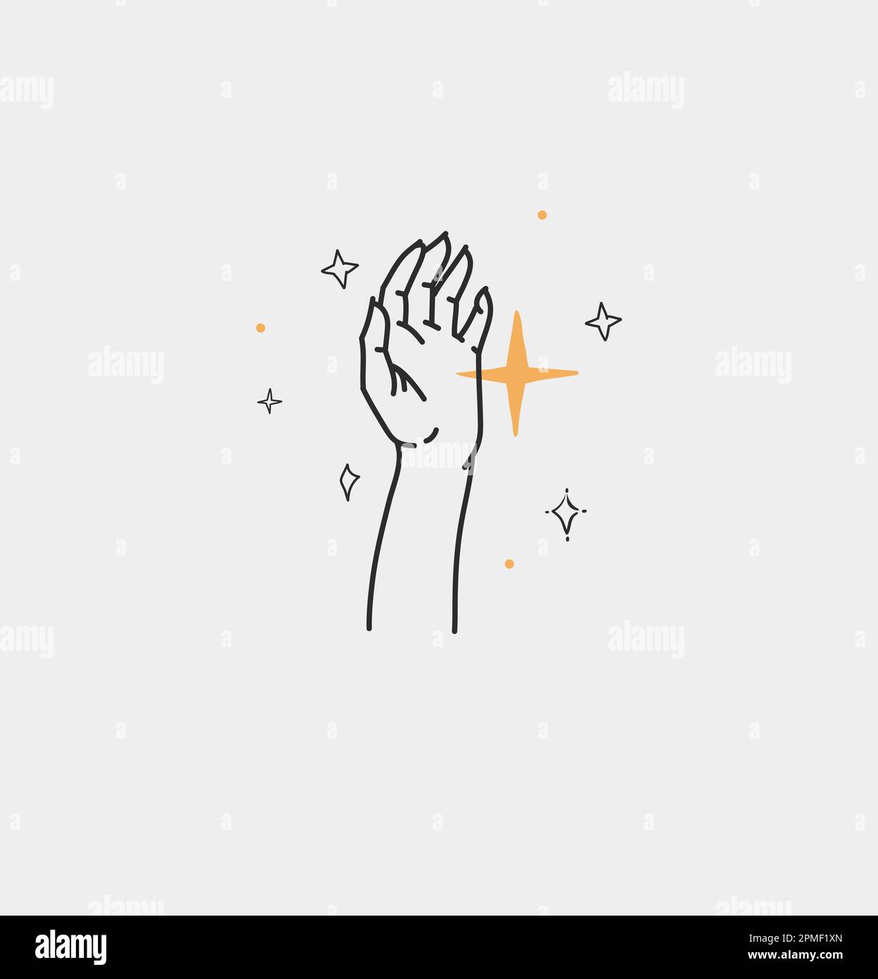 Dessin à la main vecteur résumé contour, graphique, art de ligne magie main humaine avec lune et étoiles logo dans le style minimaliste moderne.Lune et étoiles signe contour Illustration de Vecteur