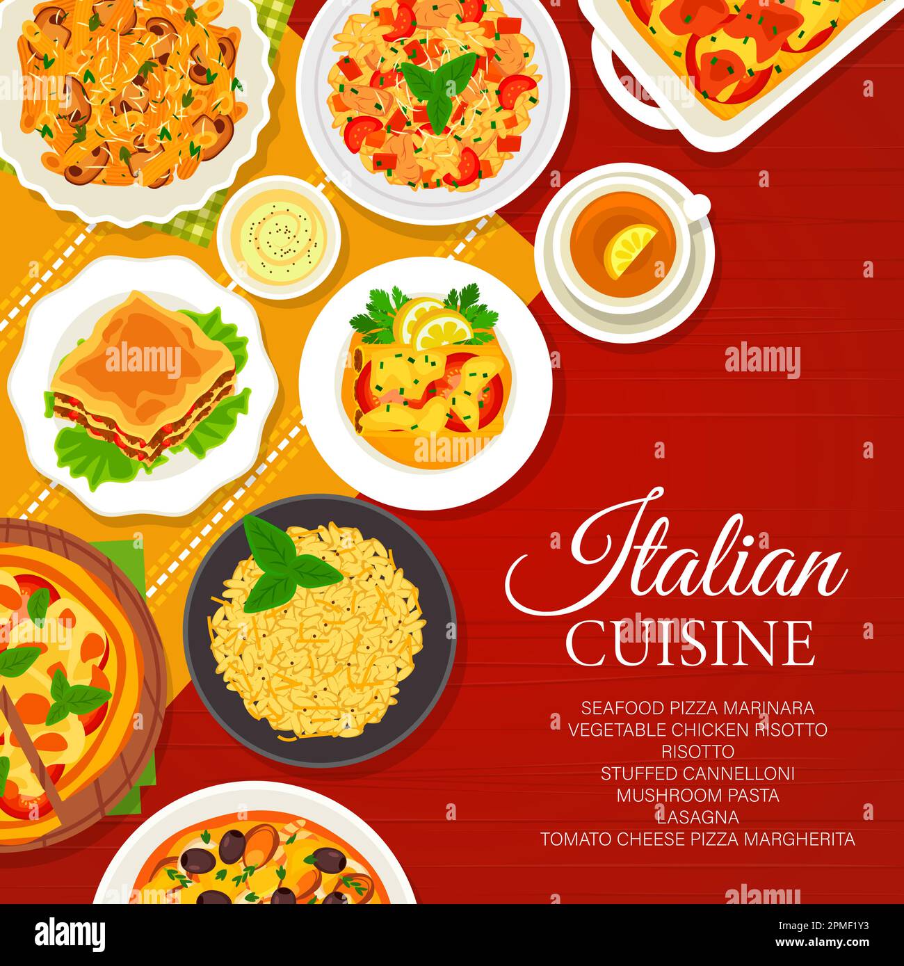 Le menu de la cuisine italienne couvre, les plats et les repas avec pâtes, pizza et risotto, poster vectoriel. Restaurant de cuisine italienne traditionnel Marinara et Ma Illustration de Vecteur