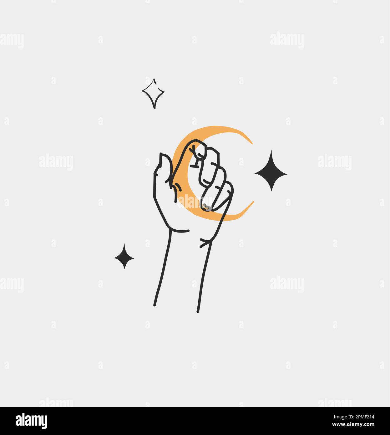 Dessin à la main vecteur résumé contour, graphique, art de ligne magie main humaine avec lune et étoiles logo dans le style minimaliste moderne.Lune et étoiles signe contour Illustration de Vecteur