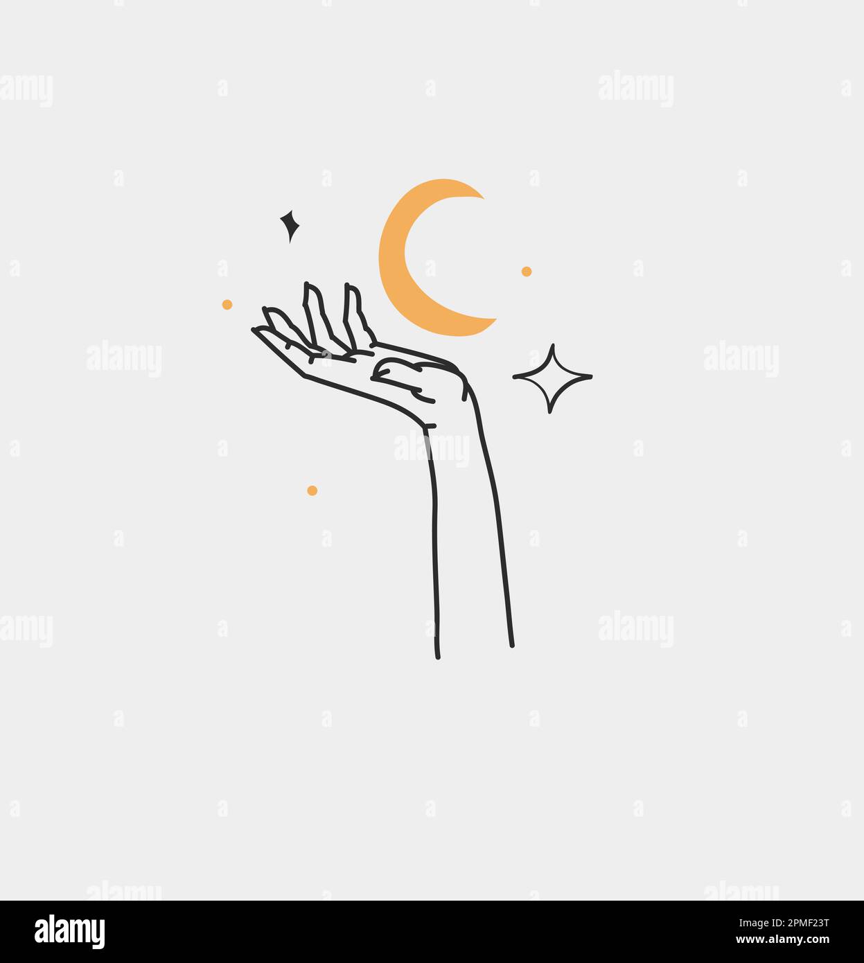 Dessin à la main vecteur résumé contour, graphique, art de ligne magie main humaine avec la lune et le logo d'étoile dans le style minimaliste moderne.Lune et le contour de signe d'étoile Illustration de Vecteur