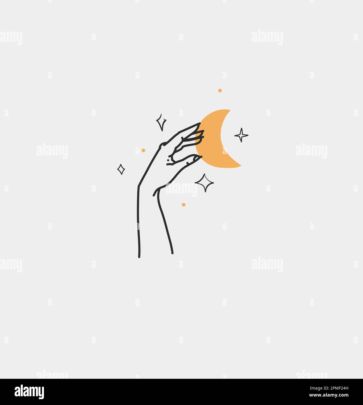 Dessin à la main vecteur résumé contour, graphique, art de ligne magie main humaine avec lune et étoiles logo dans le style minimaliste moderne.Lune et étoiles signe contour Illustration de Vecteur