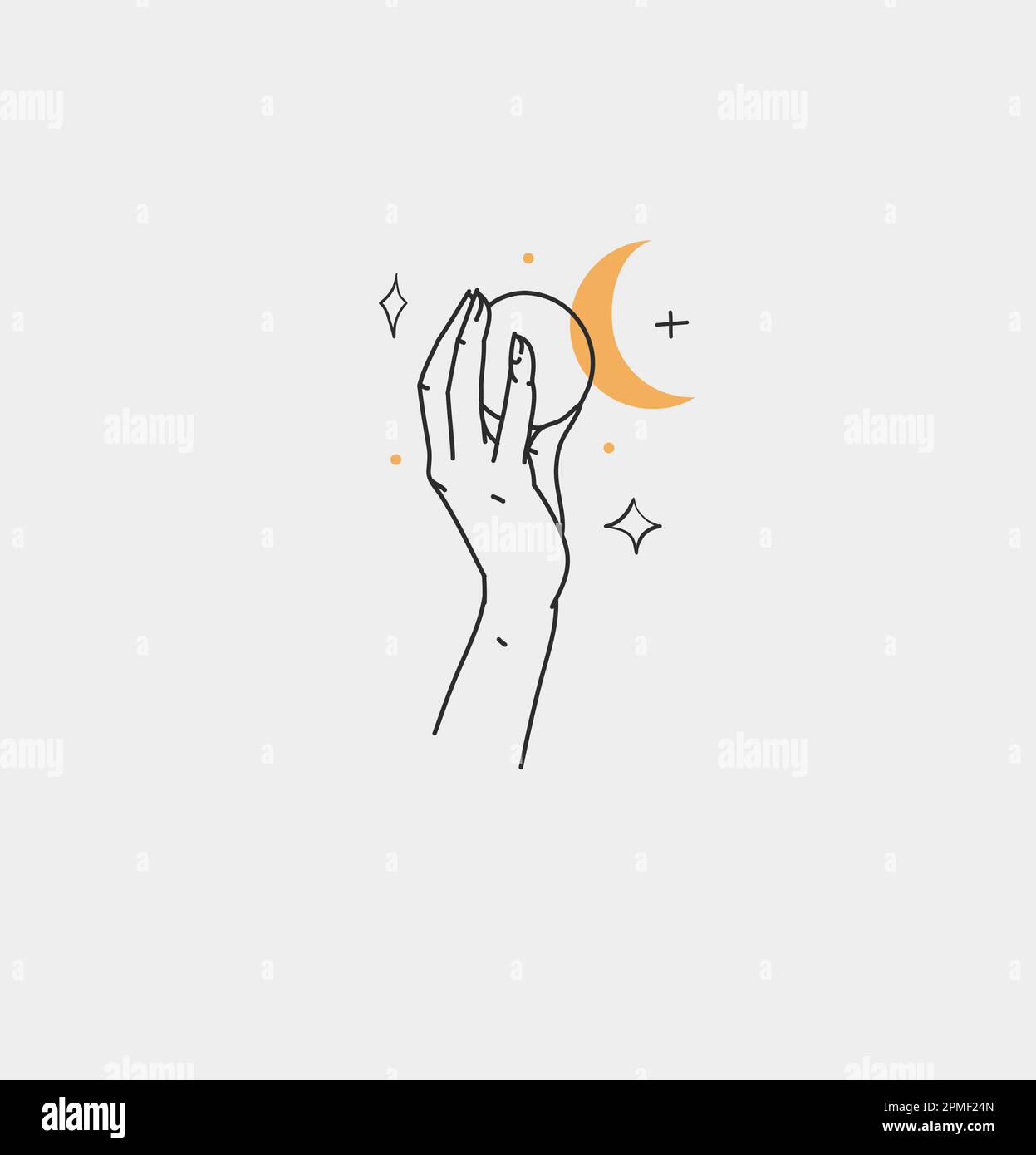 Dessin à la main vecteur résumé contour, graphique, art de ligne magie main humaine avec lune et étoiles logo dans le style minimaliste moderne.Lune et étoiles signe contour Illustration de Vecteur