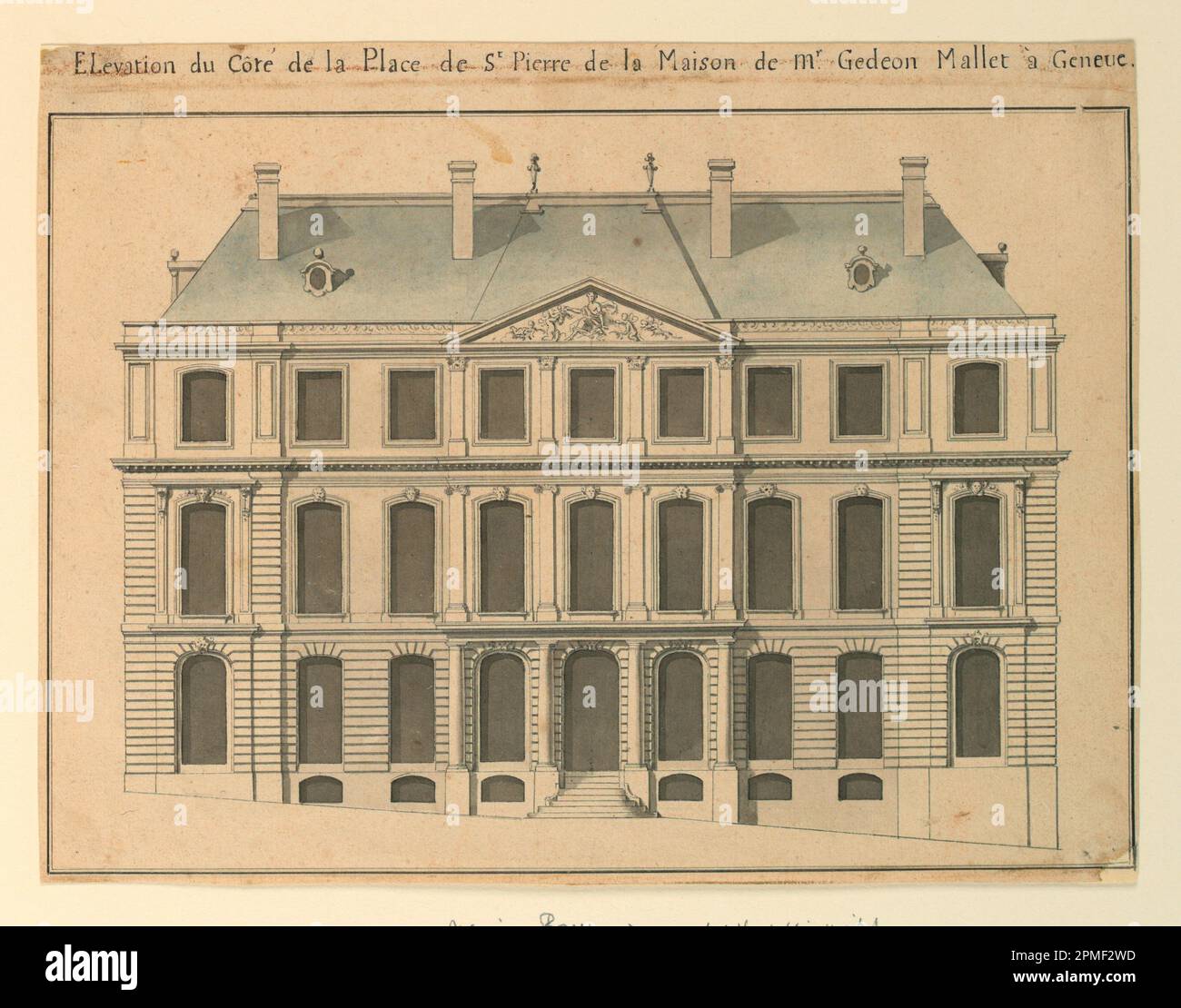 Dessin, élévation frontale de la maison de M. Gédéon Mallet à Genève; conçu par François Blondel; France; crayon, stylo et encre, aquarelle sur papier; Tapis : 16 × 22 cm (6 5/16 × 8 11/16 po) 21,5 × 28,1 cm (8 7/16 × 11 1/16 po) Banque D'Images