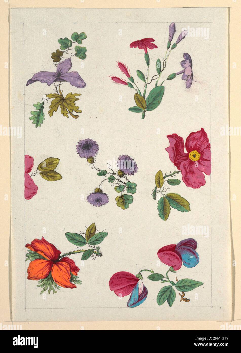 Dessin, motif floral pour textile imprimé; conçu par Louis-Albert DuBois (Suisse, 1752–1818); France; pinceau et gouache, graphite sur papier vélin blanc; feuille: 21 x 14,6 cm (8 1/4 x 5 3/4 po) Image : 19 x 12,5 cm (7 1/2 x 4 15/16 po.) Banque D'Images