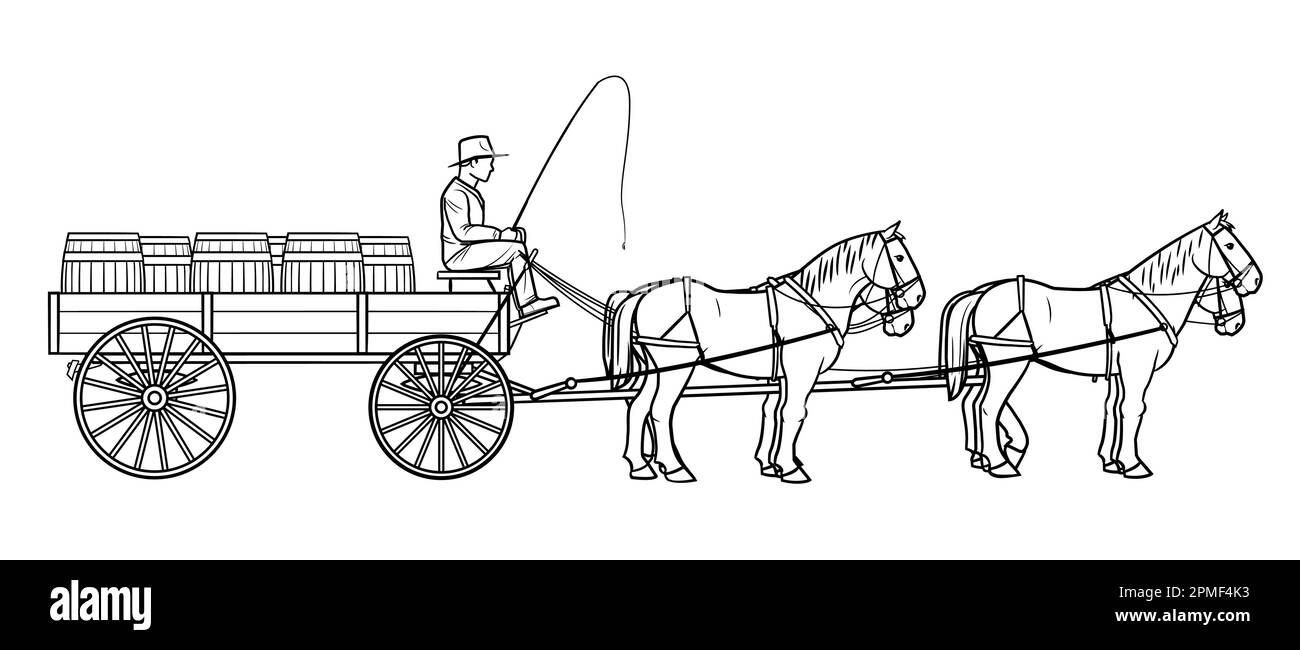 Chariot utilitaire ouvert avec quatre chevaux et conducteur - illustration de stock vectoriel. Illustration de Vecteur