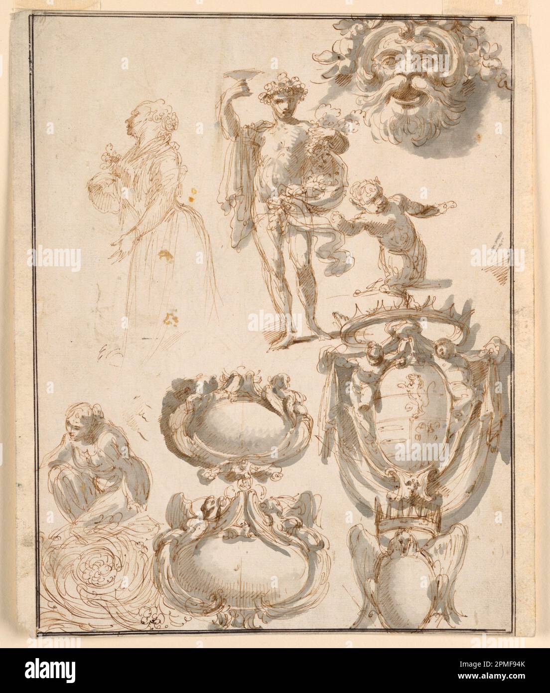 Dessin, feuille avec esquisses; conçu par Giuseppe Bernardino Bison (italien, 1762 - 1844); Italie; stylo et encre, pinceau et aquarelle sur papier, monté Banque D'Images