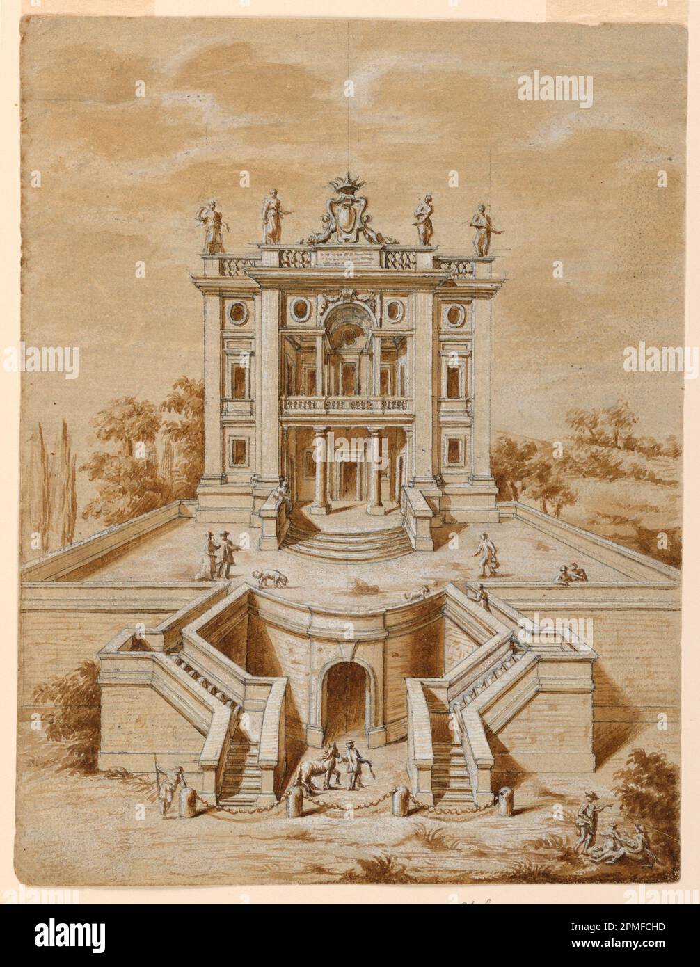 Dessin, Villa; Italie; craie noire, stylo et encre brune, lavage brun, support de gouache blanc: Tampon de papier blanc; 28,5 x 21,7 cm (11 1/4 x 8 9/16 po) Tapis : 35,6 x 45,7 cm (14 x 18 po) Banque D'Images