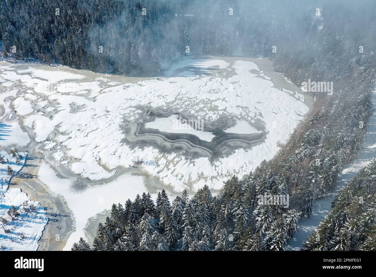 France, Vosges (88), Parc naturel régional des ballons des Vosges, la Bresse, Lac de Lispach gelé, tourbière d'une superficie de 10 ha située à une altitude de 900m, classée zones naturelles et sensibles (vue aérienne) Banque D'Images