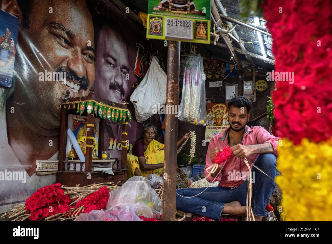 Inde, Pondichéry, marché aux fleurs Banque D'Images